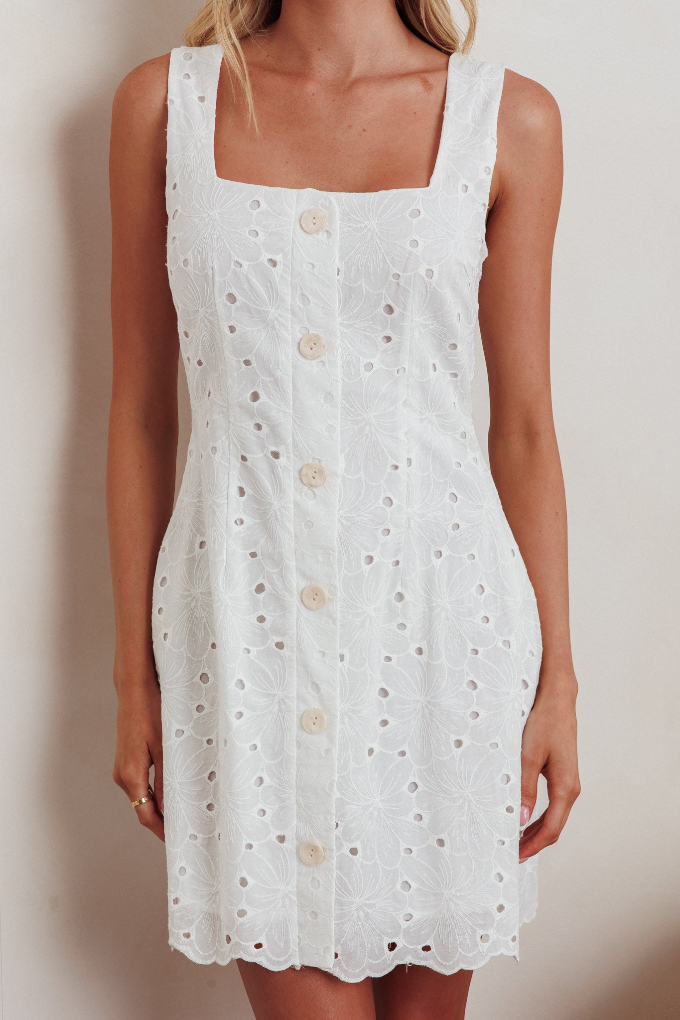Villanelle Faux Button Placket Eyelet Mini Dress White by Selfie Leslie Australia