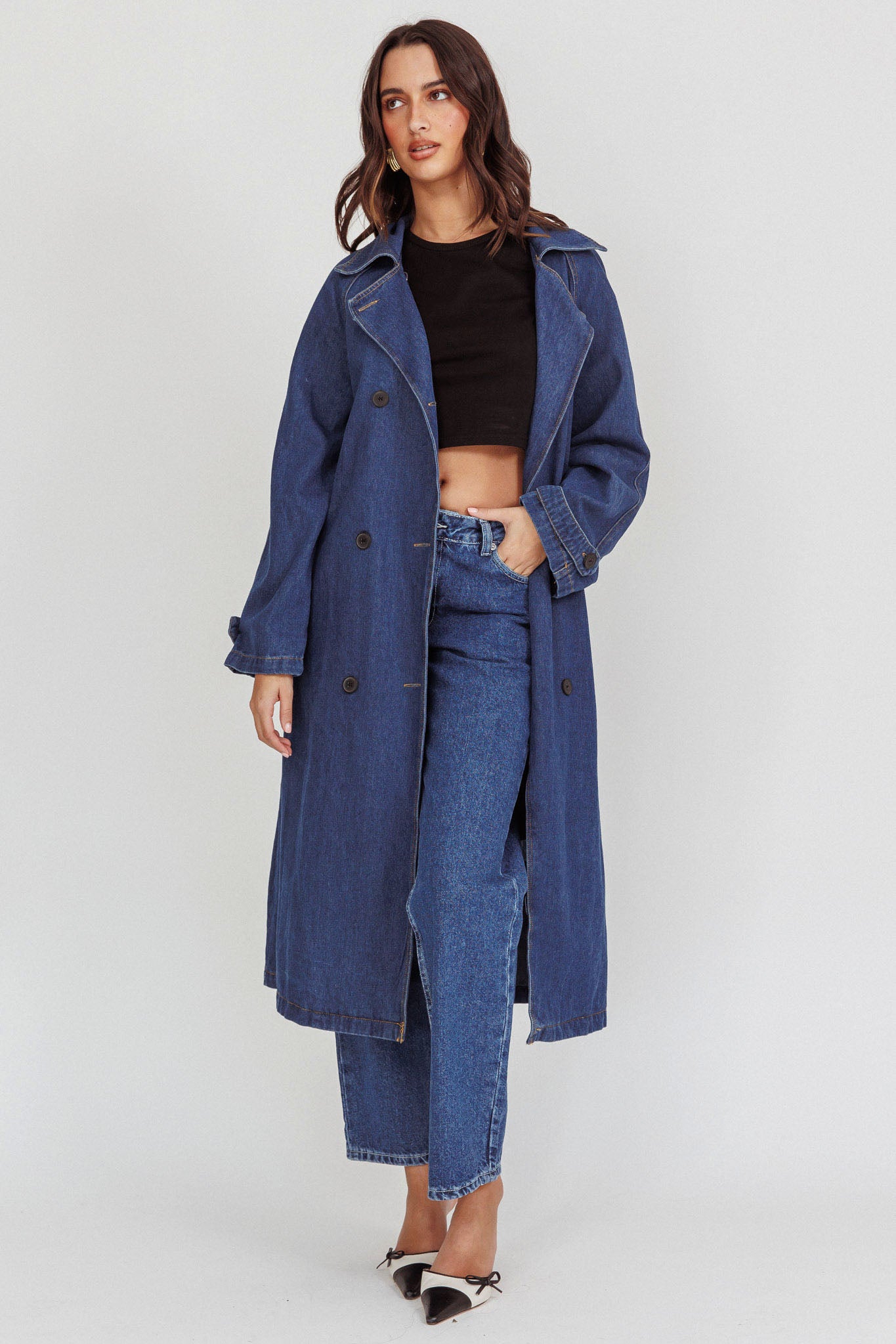Nightshade Double Breasted Coat Denim by Selfie Leslie Australia