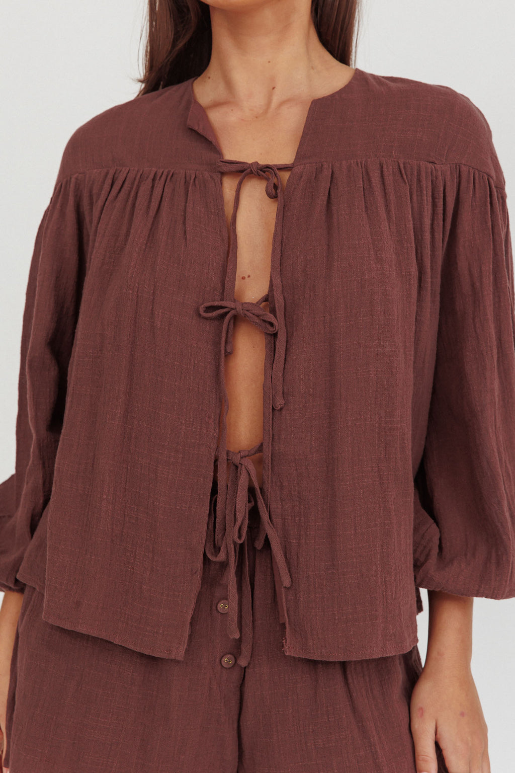 Salty Sea Tie Front Blouse Top Chocolate by Selfie Leslie Australia