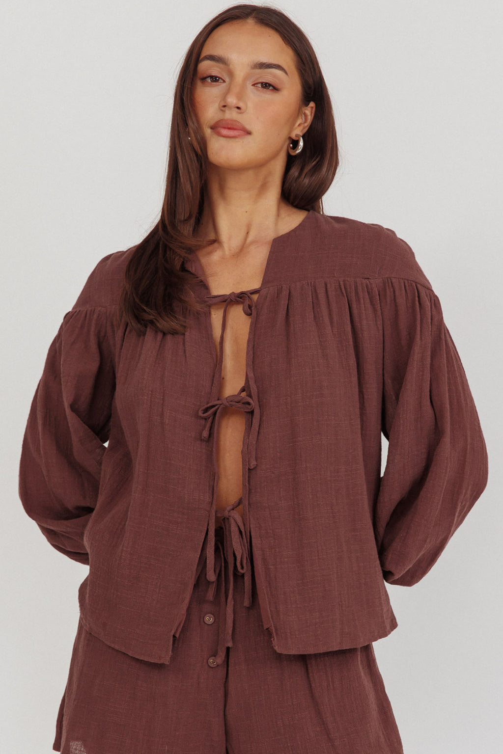Salty Sea Tie Front Blouse Top Chocolate by Selfie Leslie Australia
