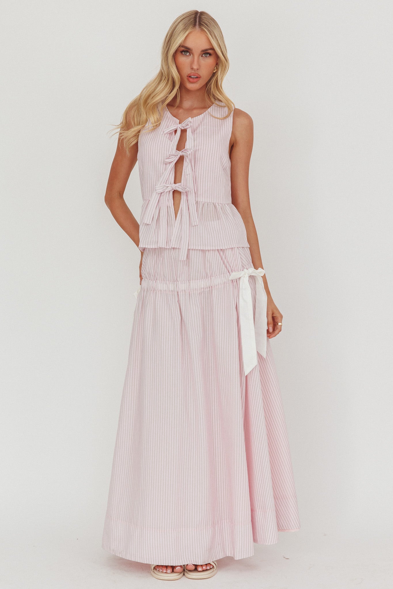 Salty Sea Tie Front Sleeveless Top Stripe Blush by Selfie Leslie Australia