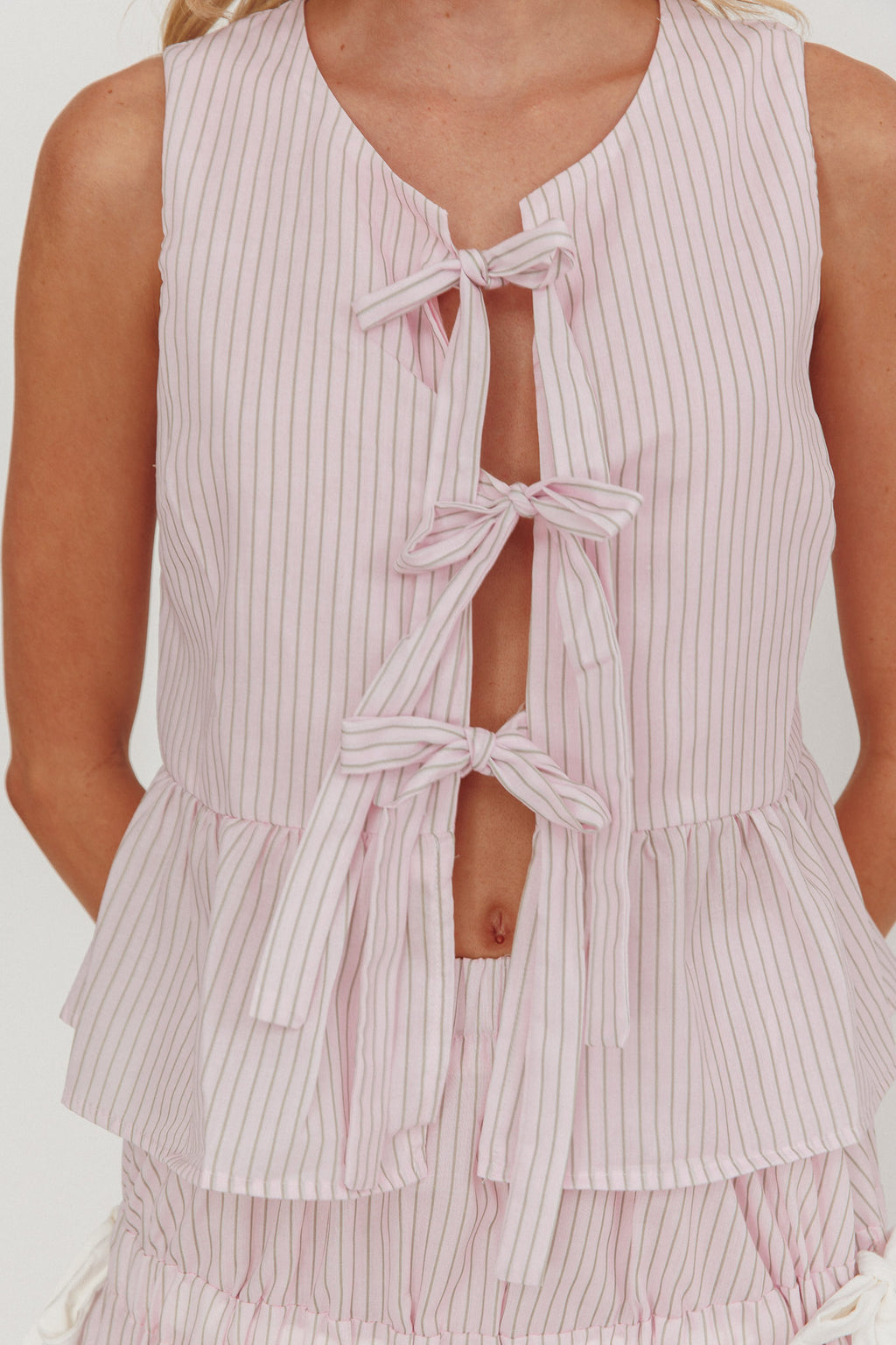 Salty Sea Tie Front Sleeveless Top Stripe Blush by Selfie Leslie Australia