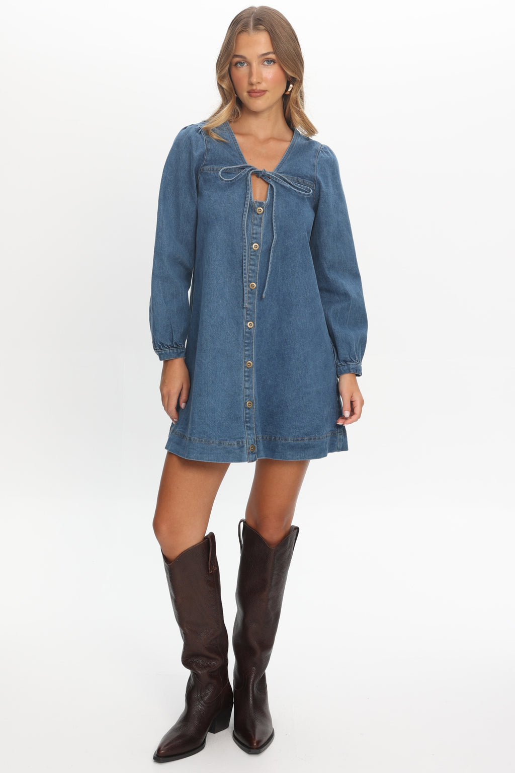 Salty Sea Long Sleeve Mini Dress Denim Blue by Selfie Leslie Australia