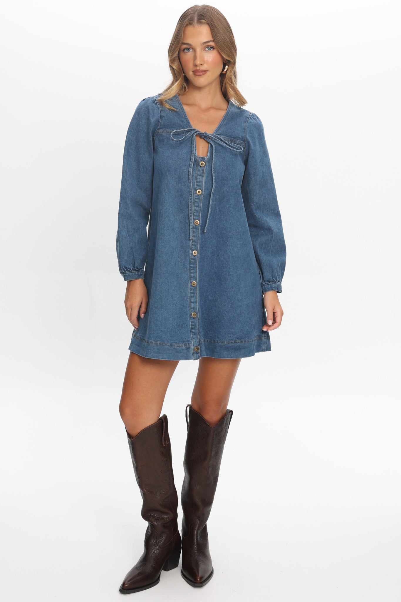 Salty Sea Long Sleeve Mini Dress Denim Blue by Selfie Leslie Australia