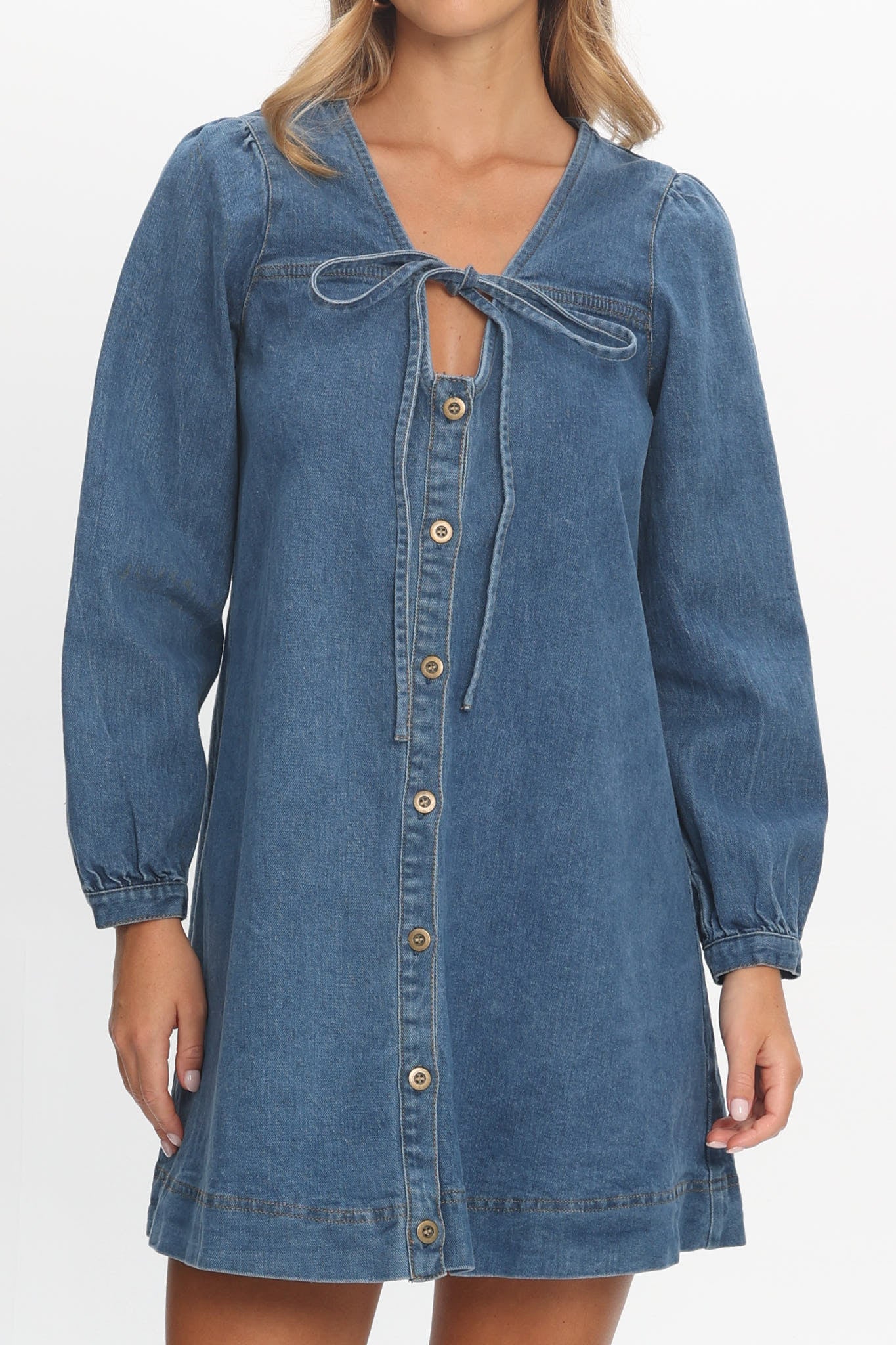 Salty Sea Long Sleeve Mini Dress Denim Blue by Selfie Leslie Australia