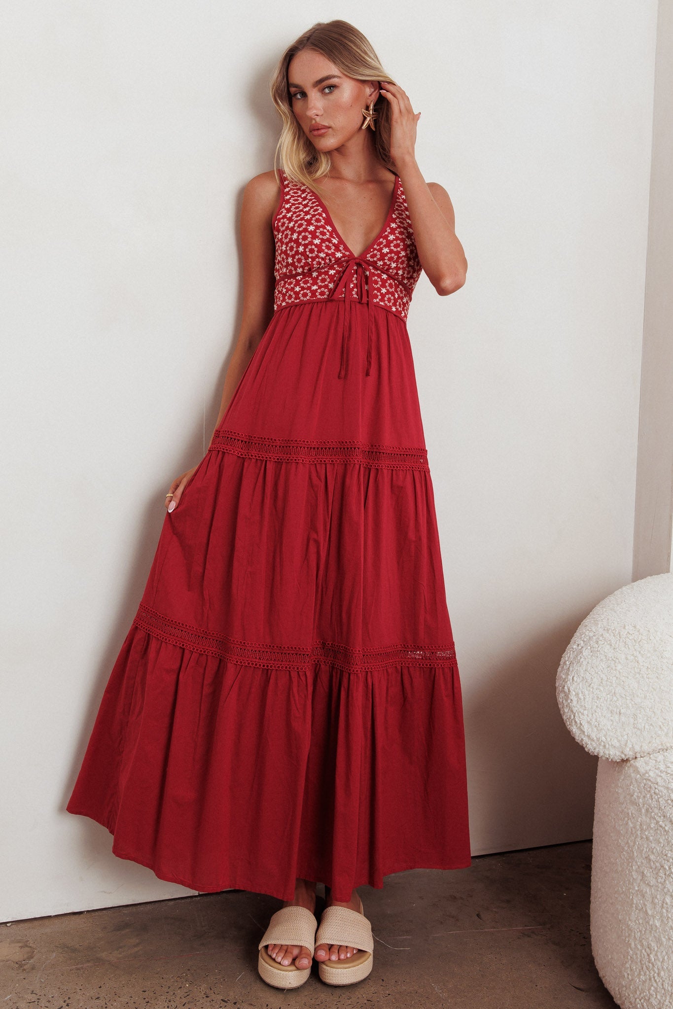 Joycelin V-Neck Eyelet Maxi Dress Red by Selfie Leslie