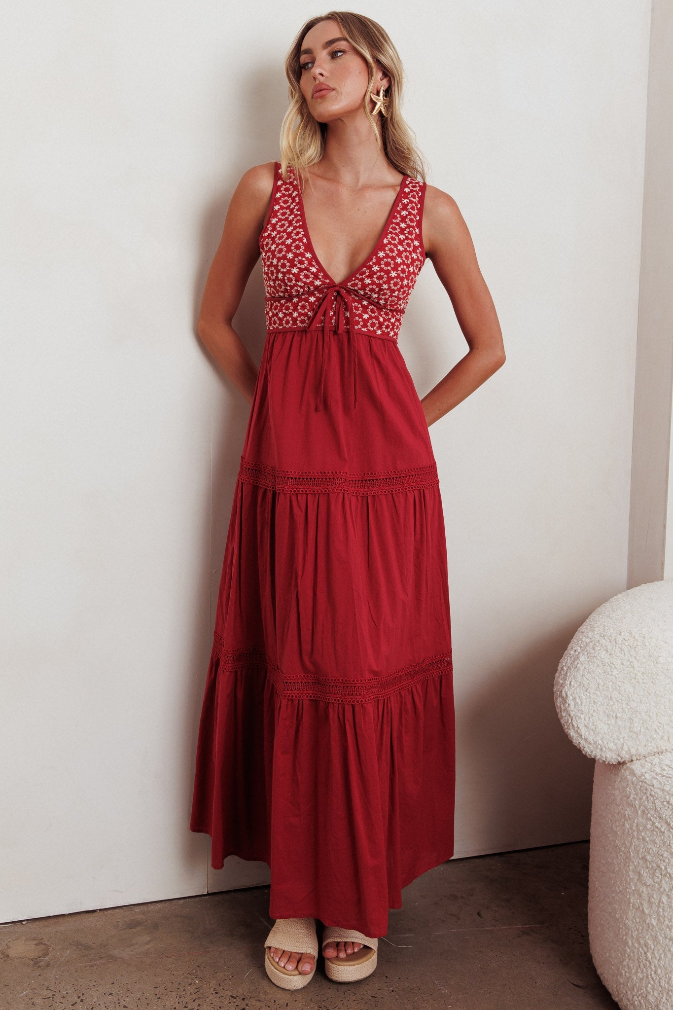 Joycelin V-Neck Eyelet Maxi Dress Red by Selfie Leslie