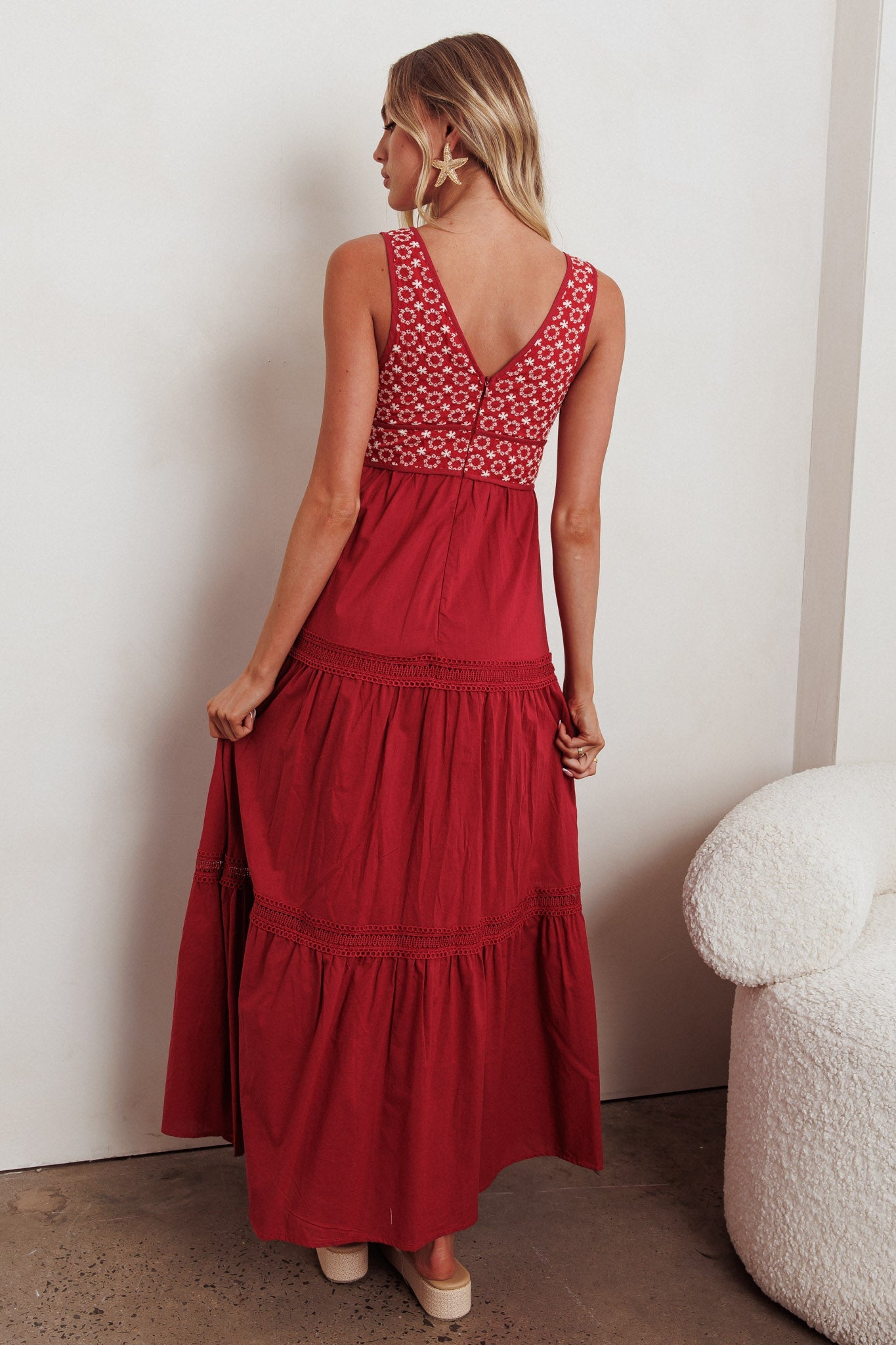 Joycelin V-Neck Eyelet Maxi Dress Red by Selfie Leslie