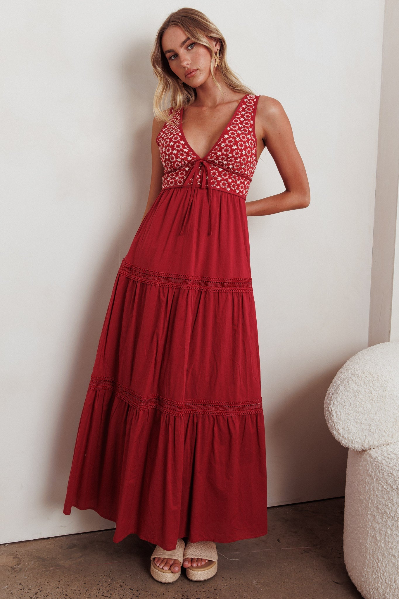 Joycelin V-Neck Eyelet Maxi Dress Red by Selfie Leslie