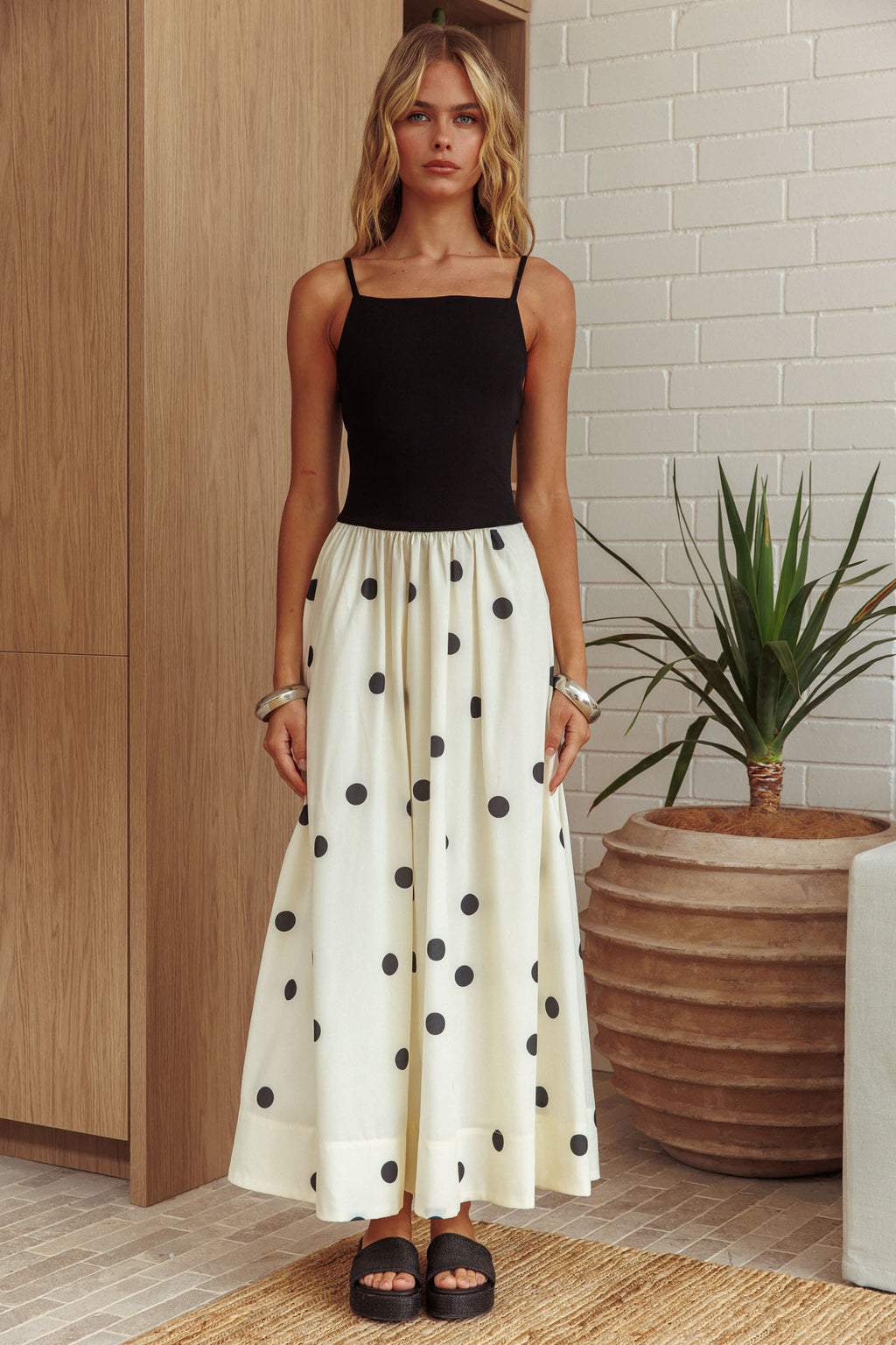 Melbourne Contrast Bodice Maxi Dress Polka Dot Black by Selfie Leslie Australia