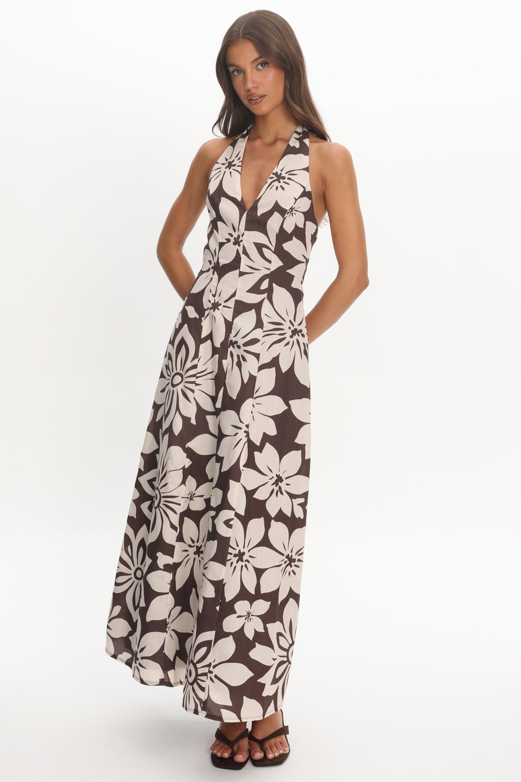 Exhilaration Halterneck Maxi Dress Print Chocolate by Selfie Leslie Australia