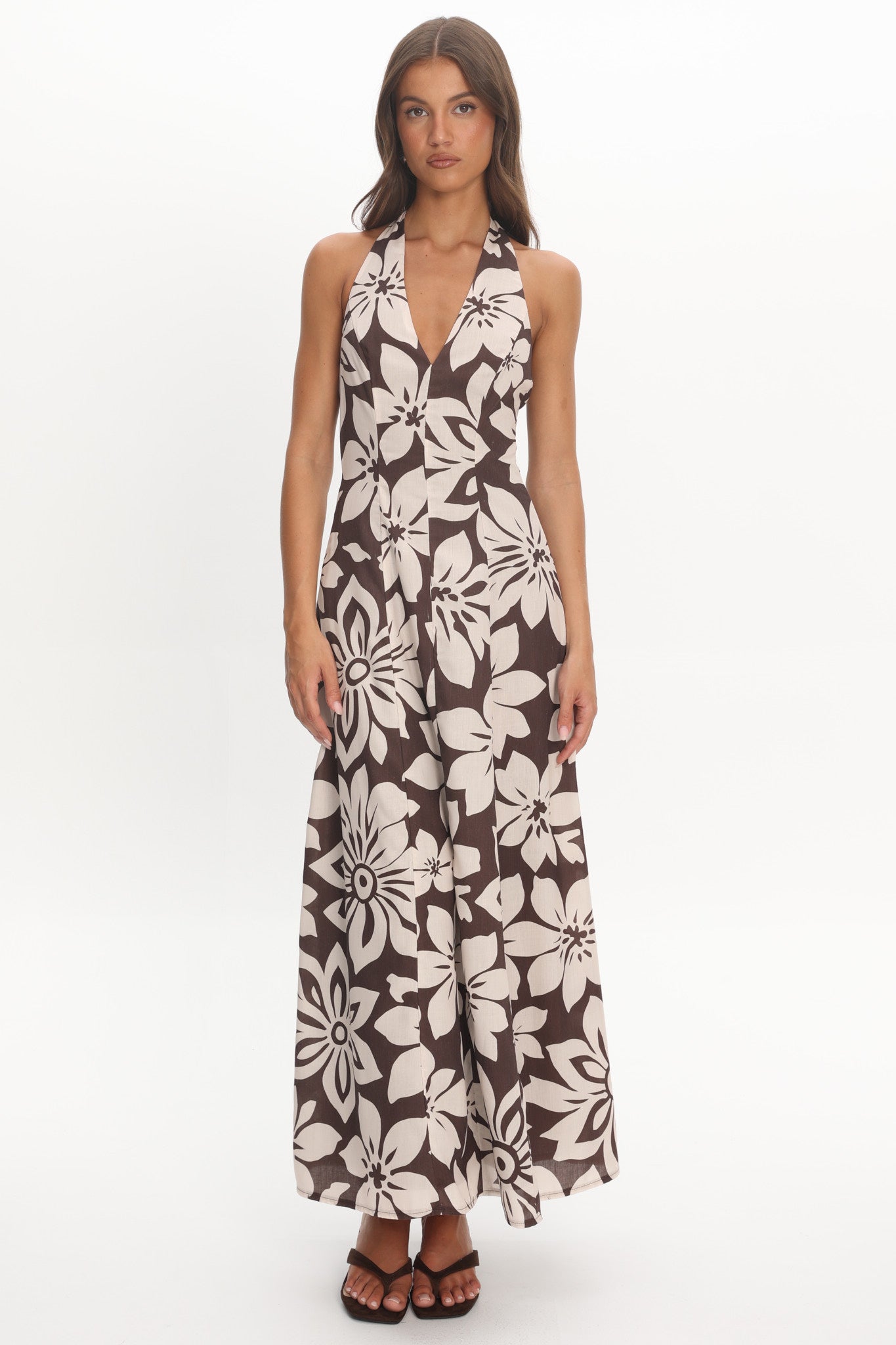 Exhilaration Halterneck Maxi Dress Print Chocolate by Selfie Leslie Australia