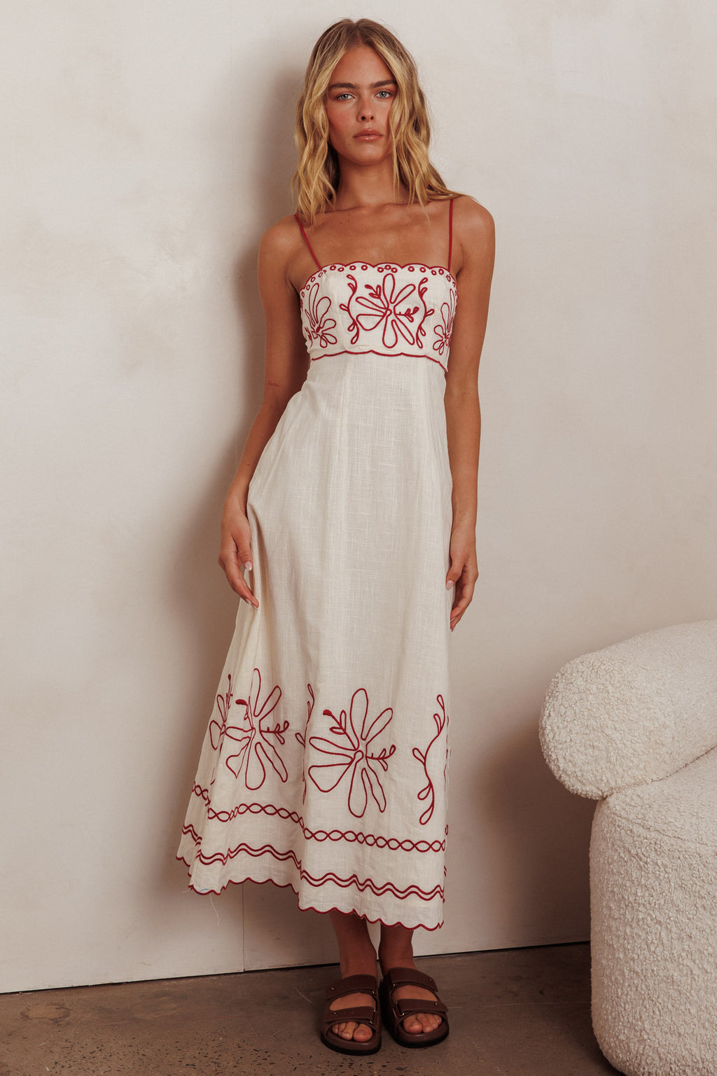 Mondo Scalloped Hem Maxi Dress Embroidered Red by Selfie Leslie Australia