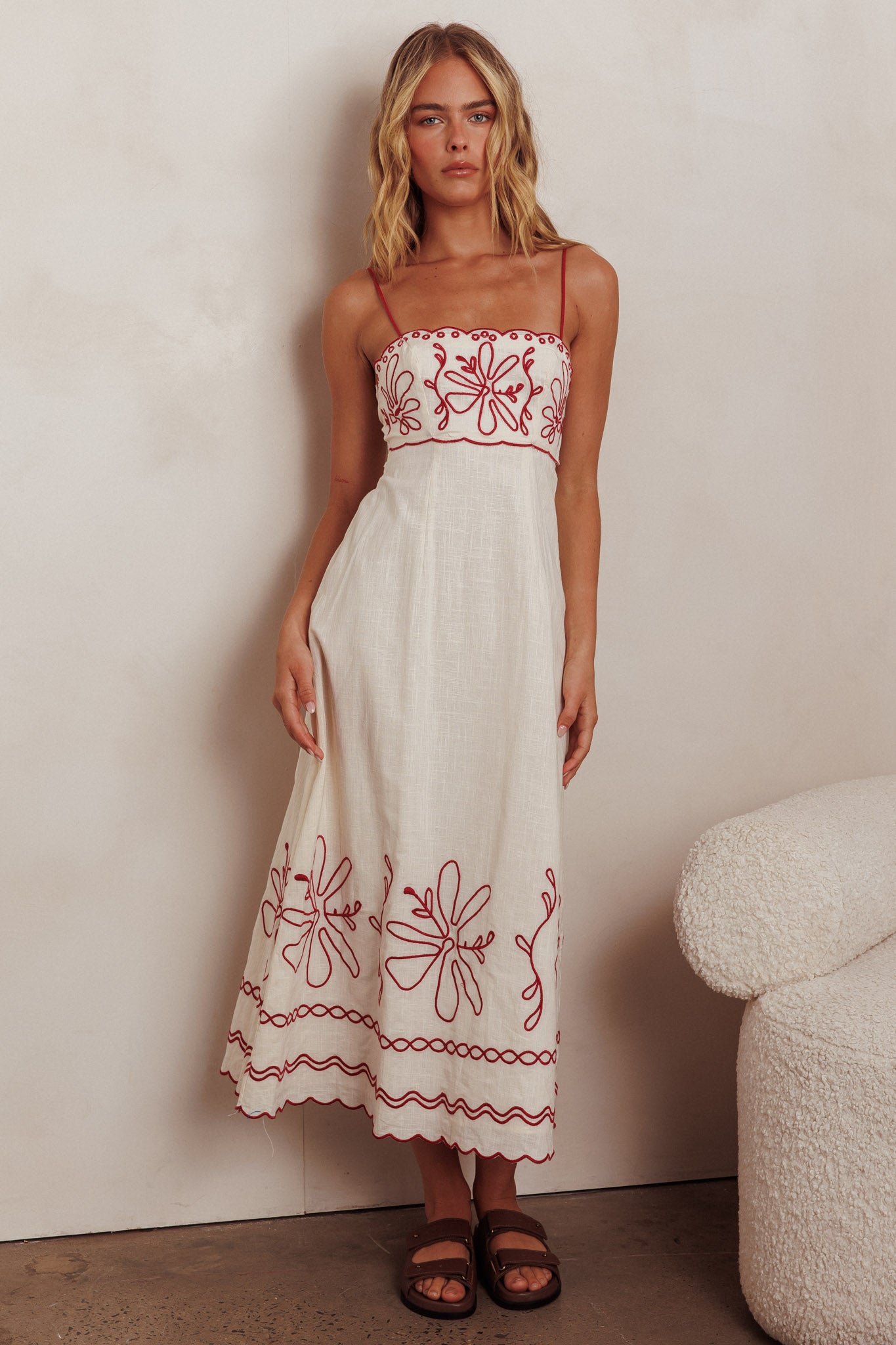 Mondo Scalloped Hem Maxi Dress Embroidered Red by Selfie Leslie Australia