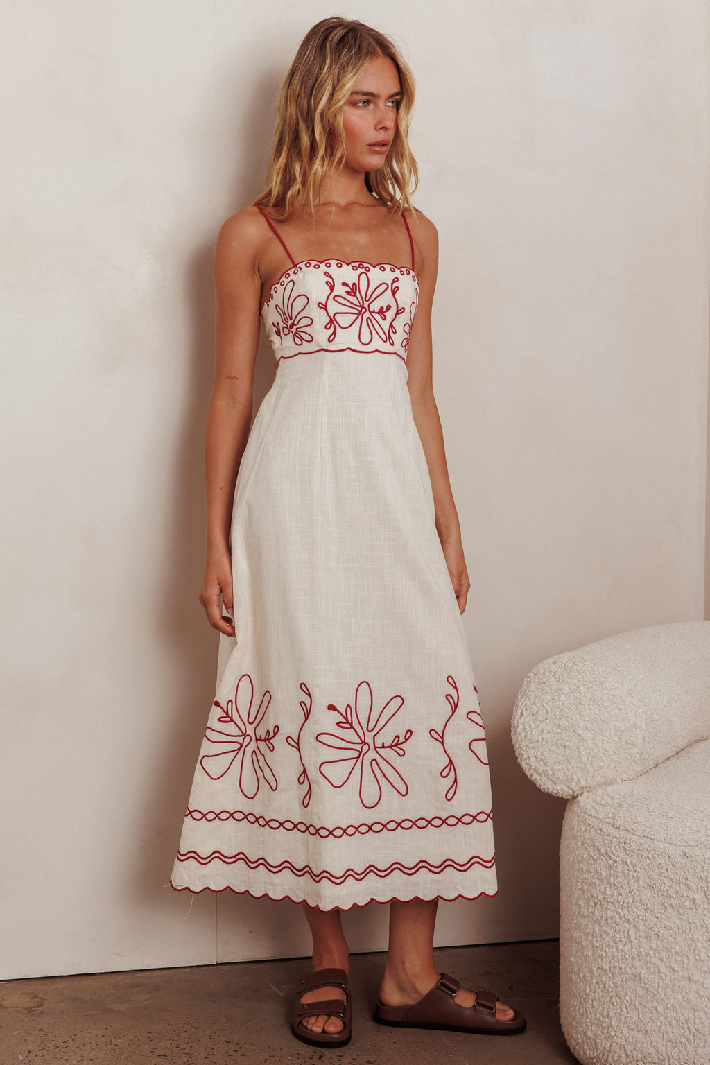 Mondo Scalloped Hem Maxi Dress Embroidered Red by Selfie Leslie Australia