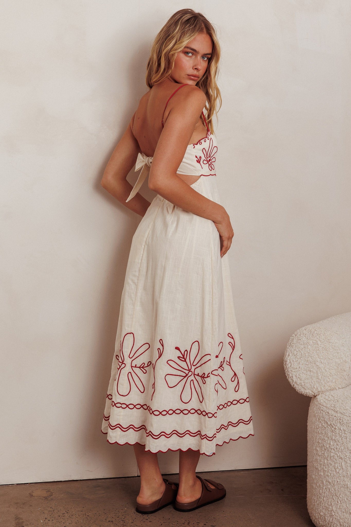 Mondo Scalloped Hem Maxi Dress Embroidered Red by Selfie Leslie Australia