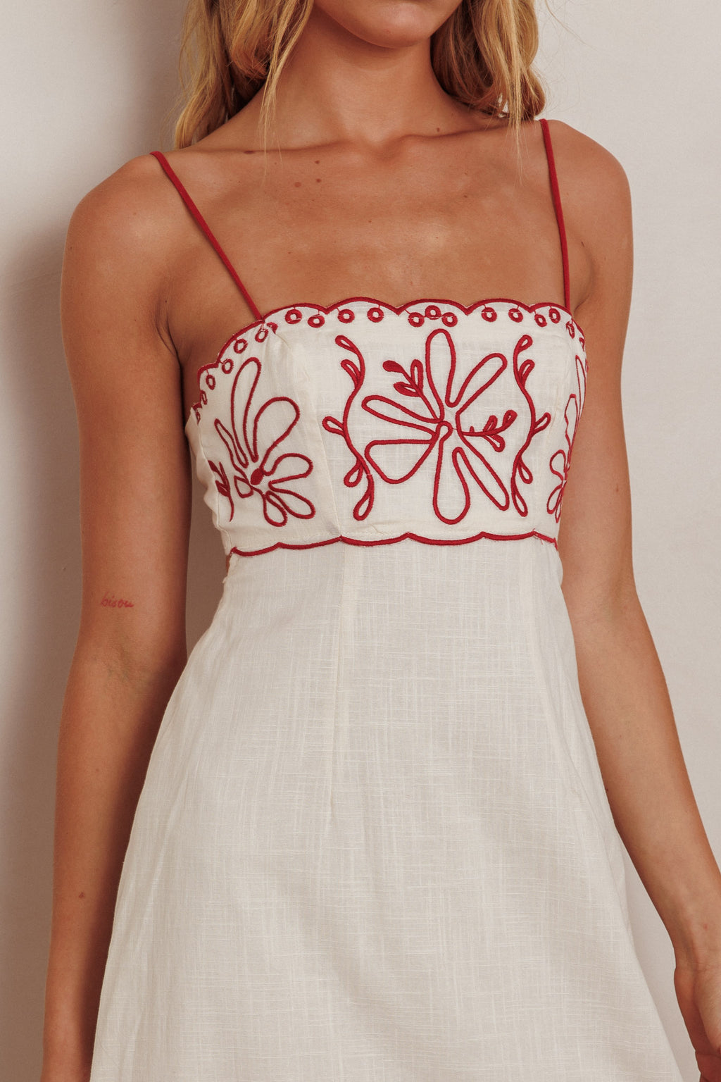 Mondo Scalloped Hem Maxi Dress Embroidered Red by Selfie Leslie Australia