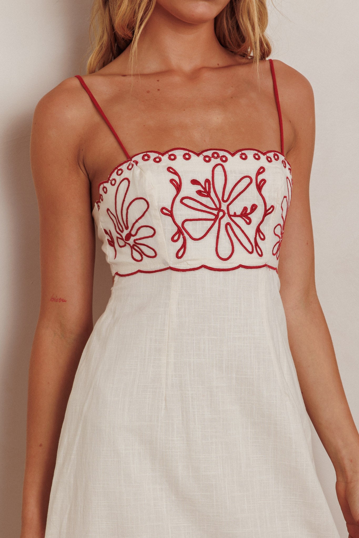 Mondo Scalloped Hem Maxi Dress Embroidered Red by Selfie Leslie Australia