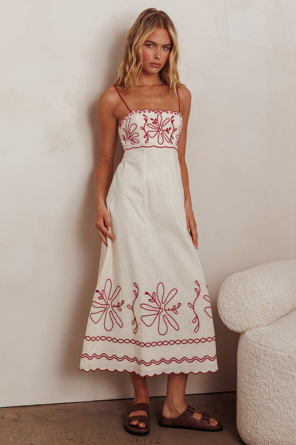 Mondo Scalloped Hem Maxi Dress Embroidered Red by Selfie Leslie Australia
