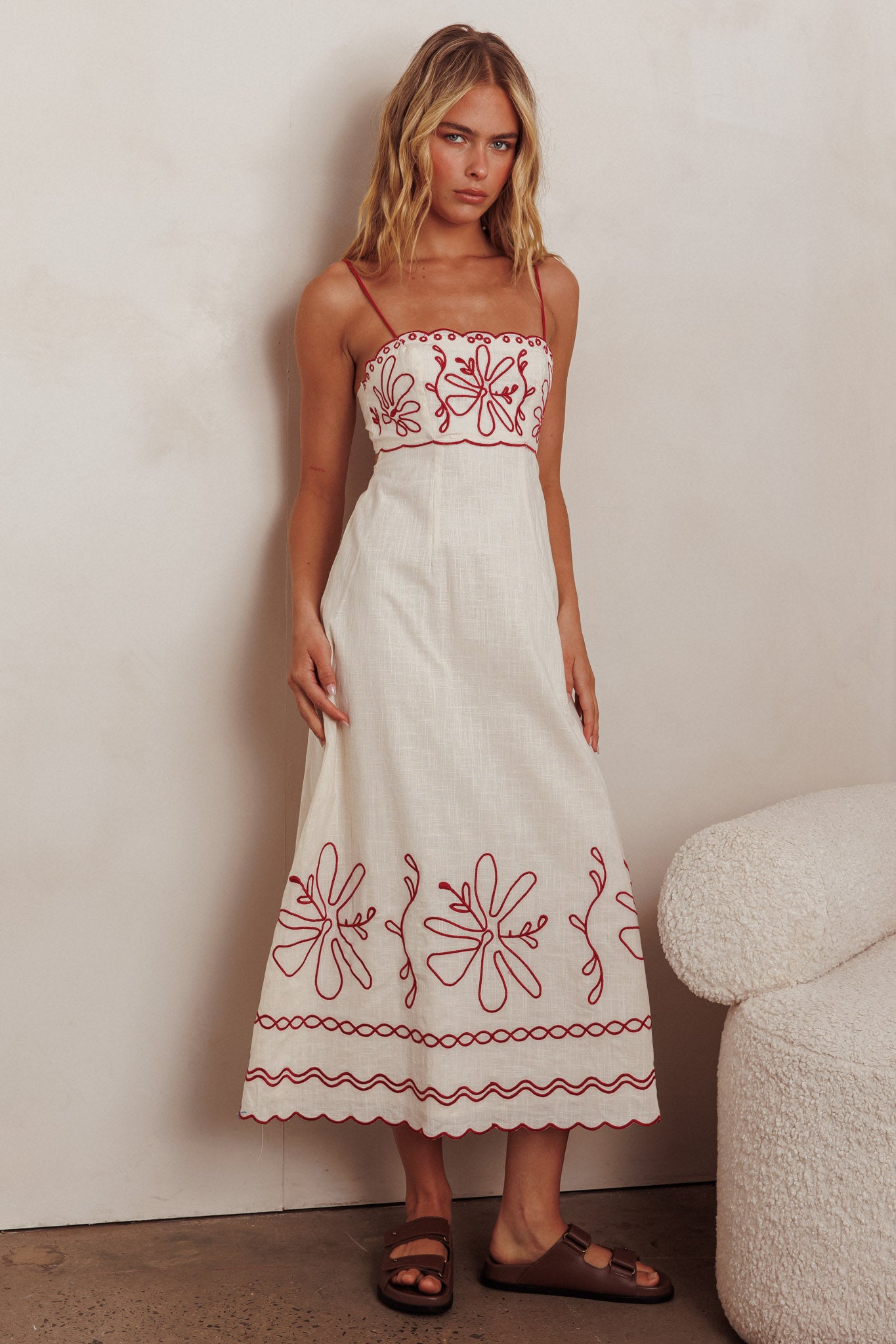 Mondo Scalloped Hem Maxi Dress Embroidered Red by Selfie Leslie Australia