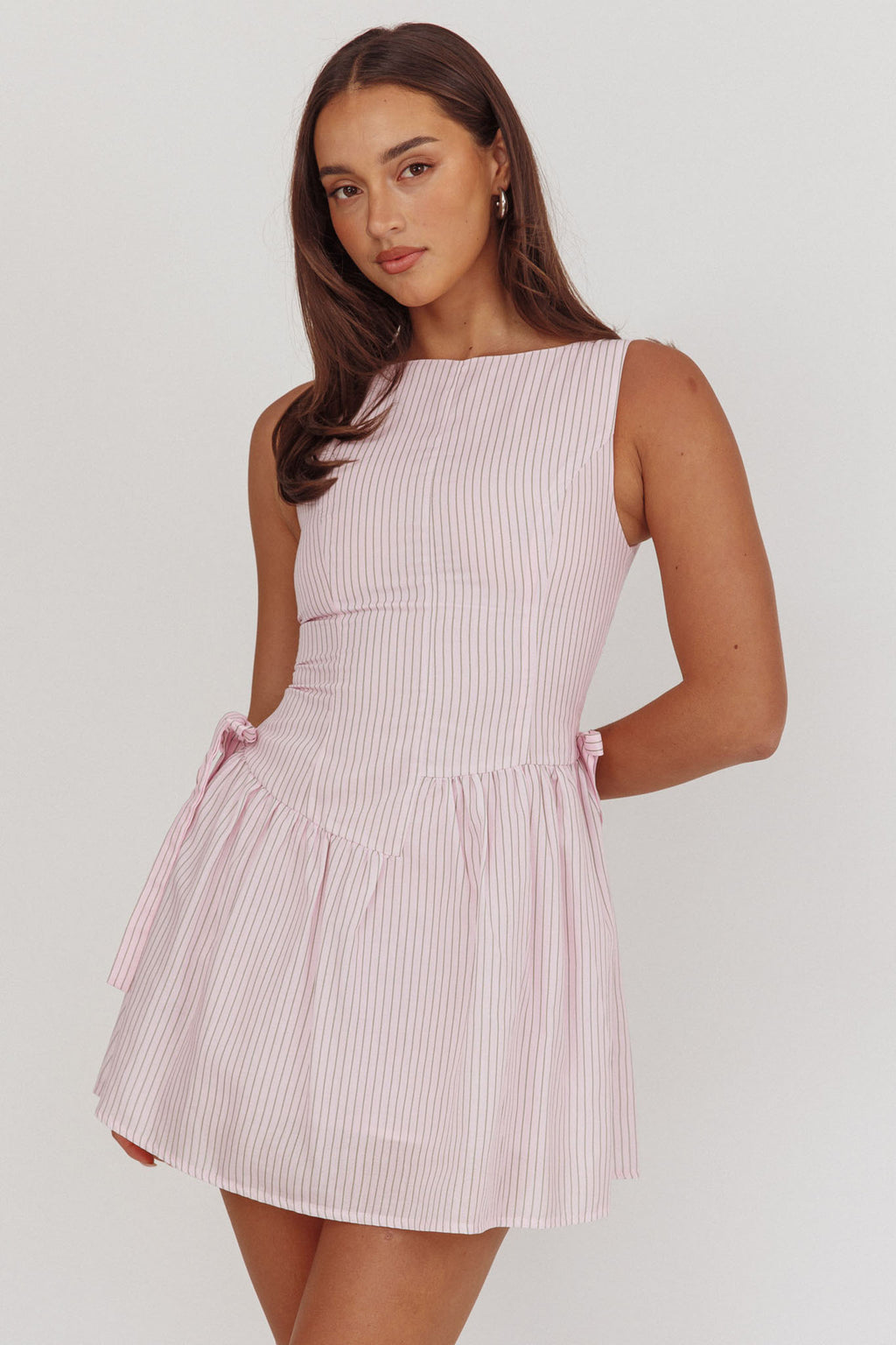 Teely Waist Bows Mini Dress Stripe Blush by Selfie Leslie Australia