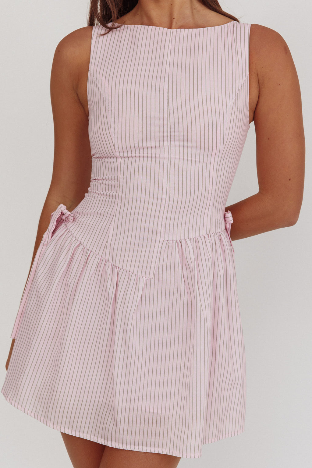Teely Waist Bows Mini Dress Stripe Blush by Selfie Leslie Australia