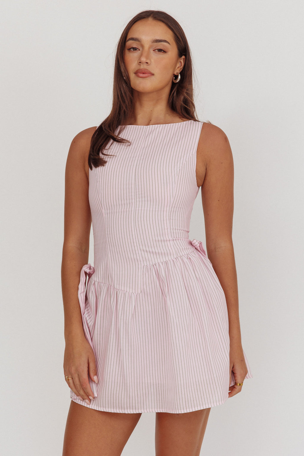 Teely Waist Bows Mini Dress Stripe Blush by Selfie Leslie Australia