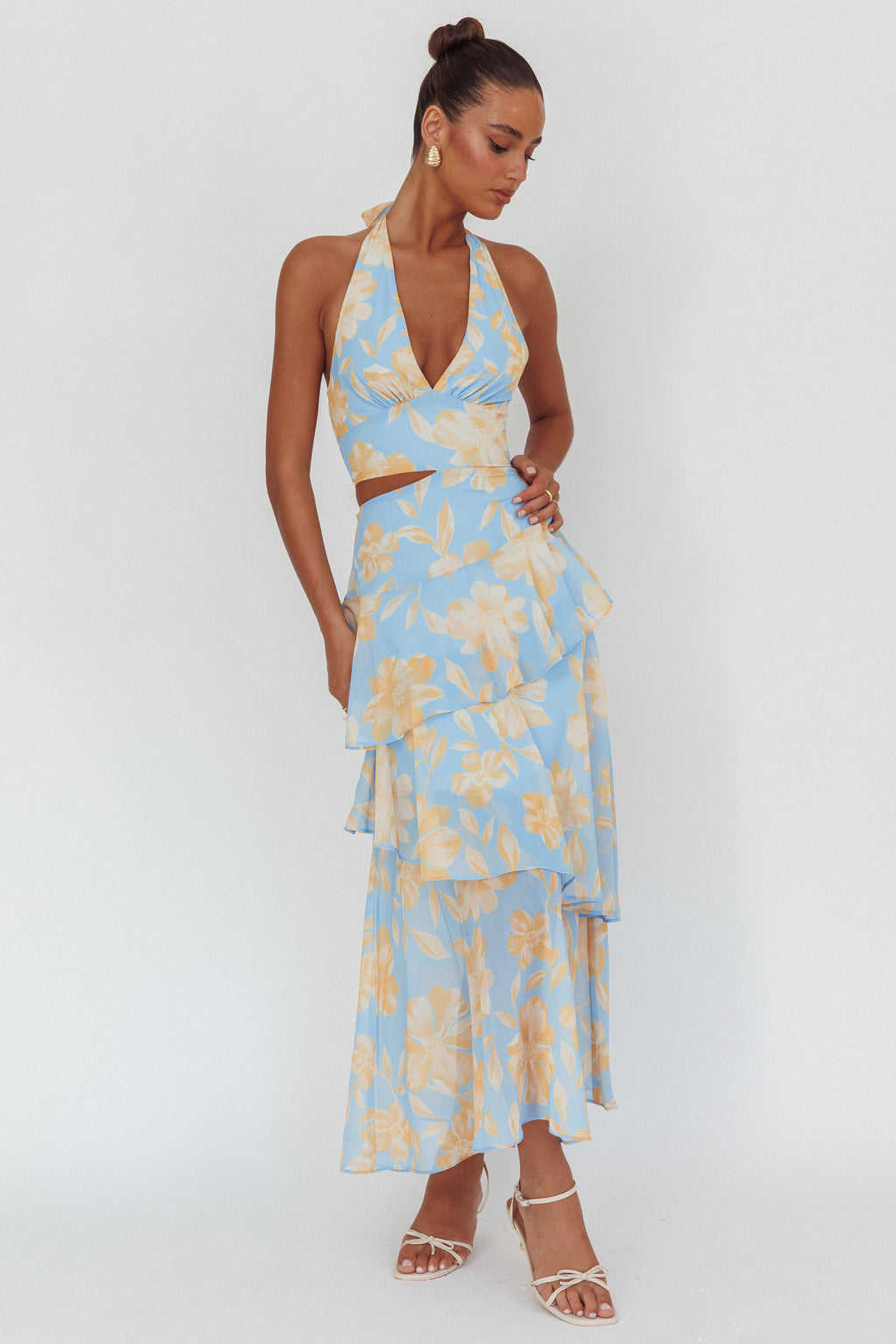 Aura Points Halterneck Cut-Out Maxi Dress Floral Blue by Selfie Leslie Australia