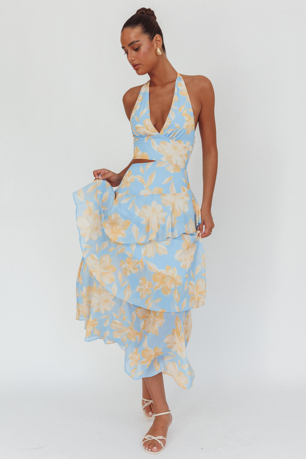 Aura Points Halterneck Cut-Out Maxi Dress Floral Blue by Selfie Leslie Australia