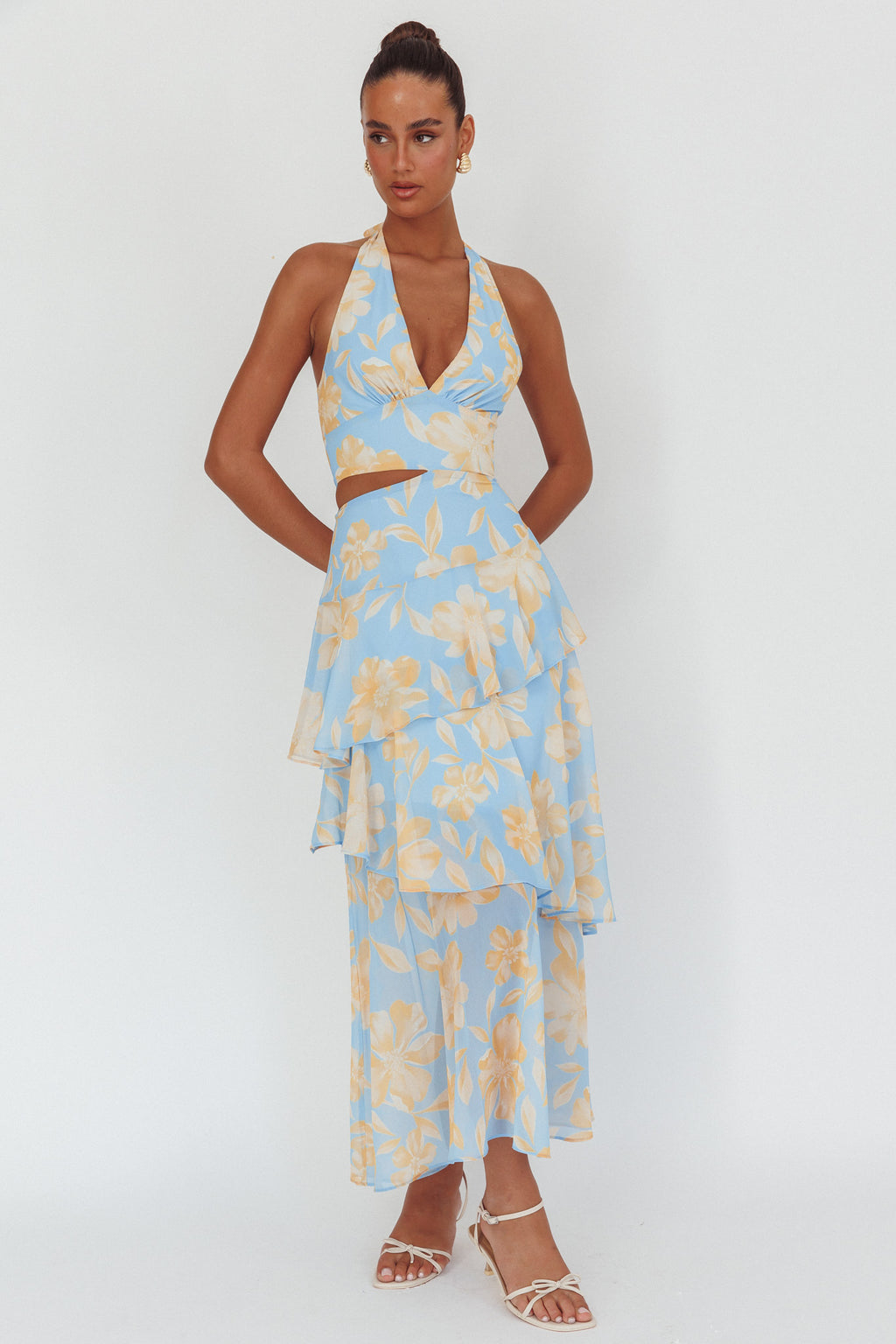 Aura Points Halterneck Cut-Out Maxi Dress Floral Blue by Selfie Leslie Australia