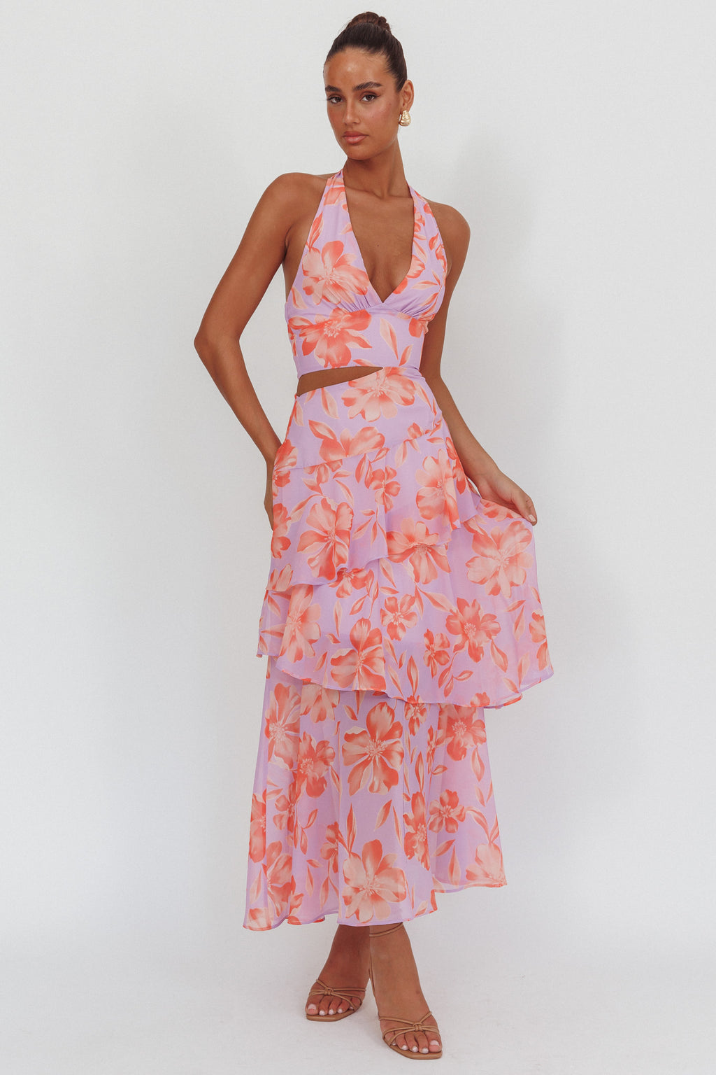 Aura Points Halterneck Cut-Out Maxi Dress Floral Lilac by Selfie Leslie Australia