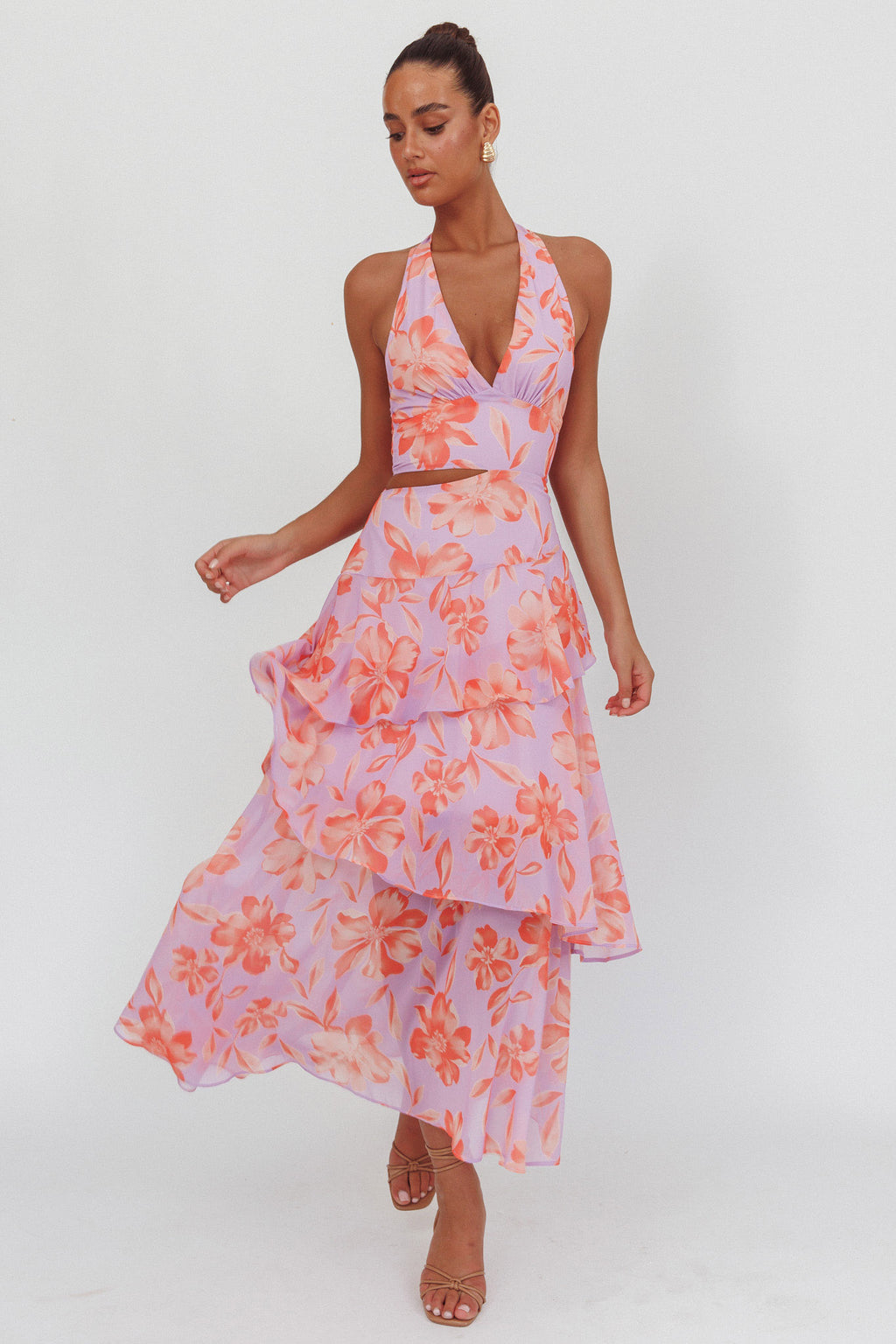 Aura Points Halterneck Cut-Out Maxi Dress Floral Lilac by Selfie Leslie Australia