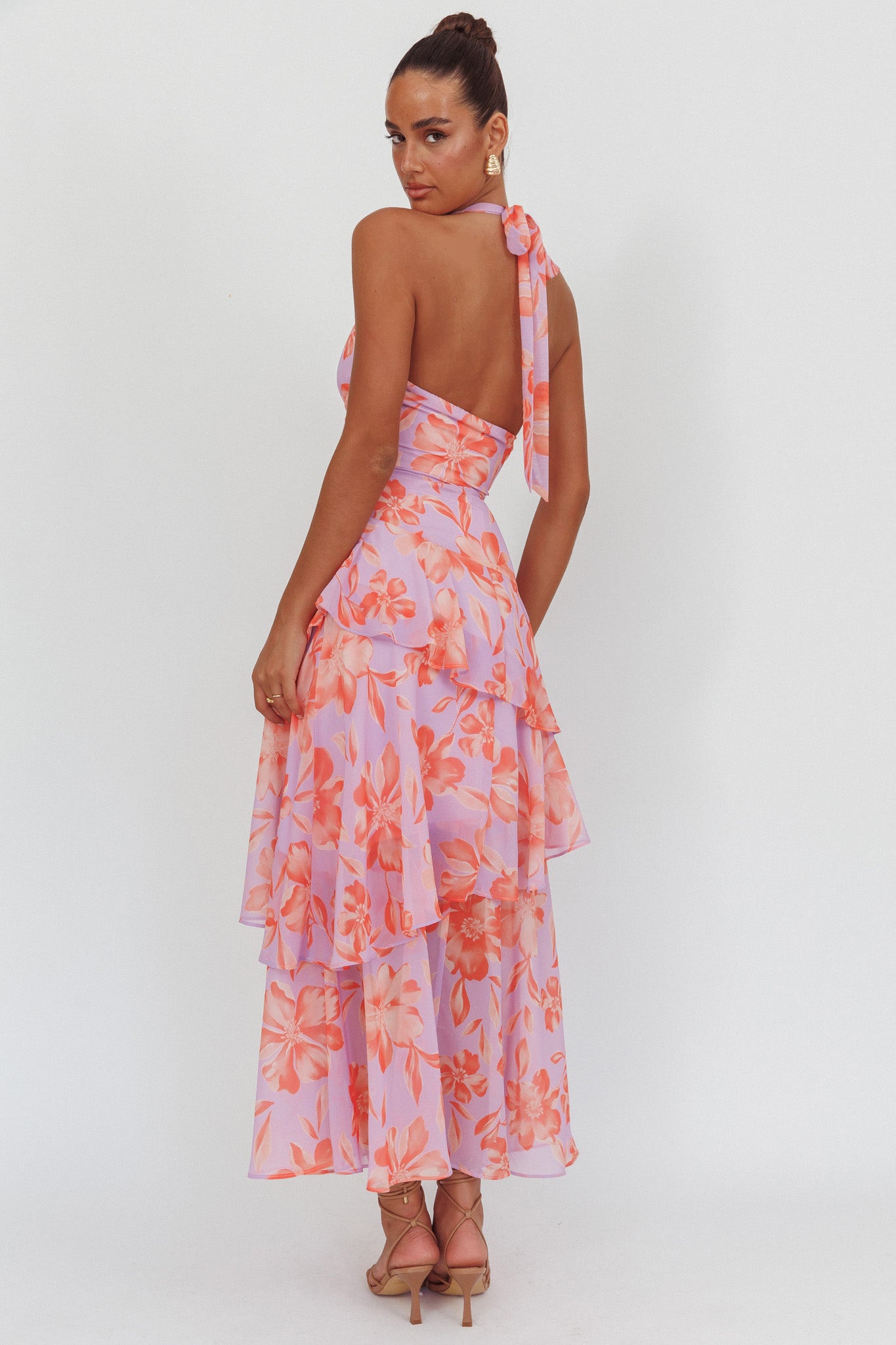 Aura Points Halterneck Cut-Out Maxi Dress Floral Lilac by Selfie Leslie Australia