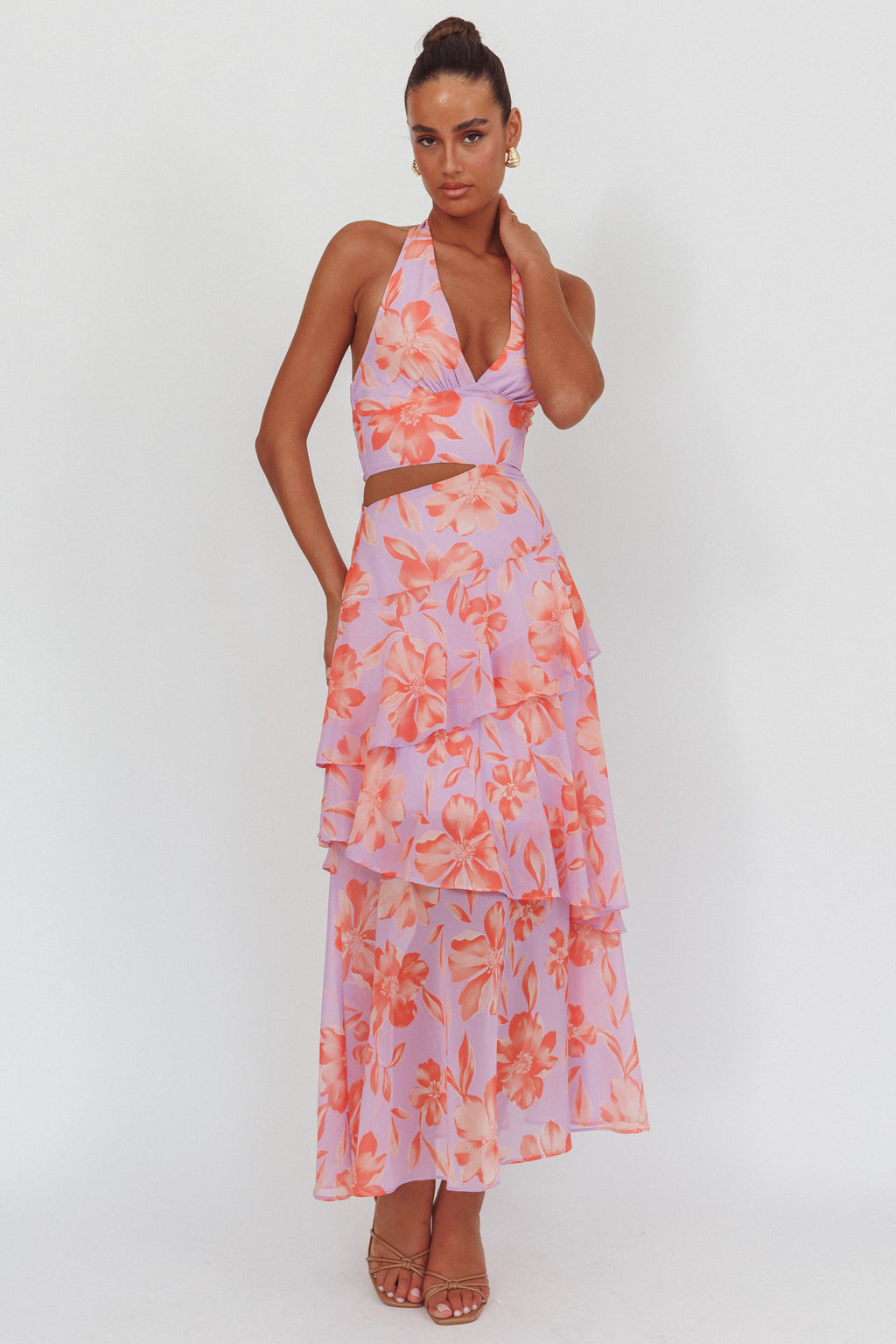 Aura Points Halterneck Cut-Out Maxi Dress Floral Lilac by Selfie Leslie Australia