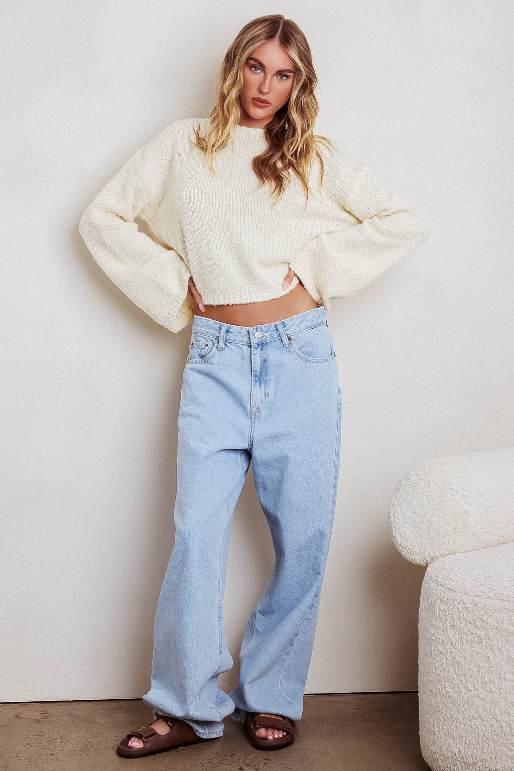 Strasbourg Flared Cuff Drop Shoulder Sweater Cream by Selfie Leslie Australia