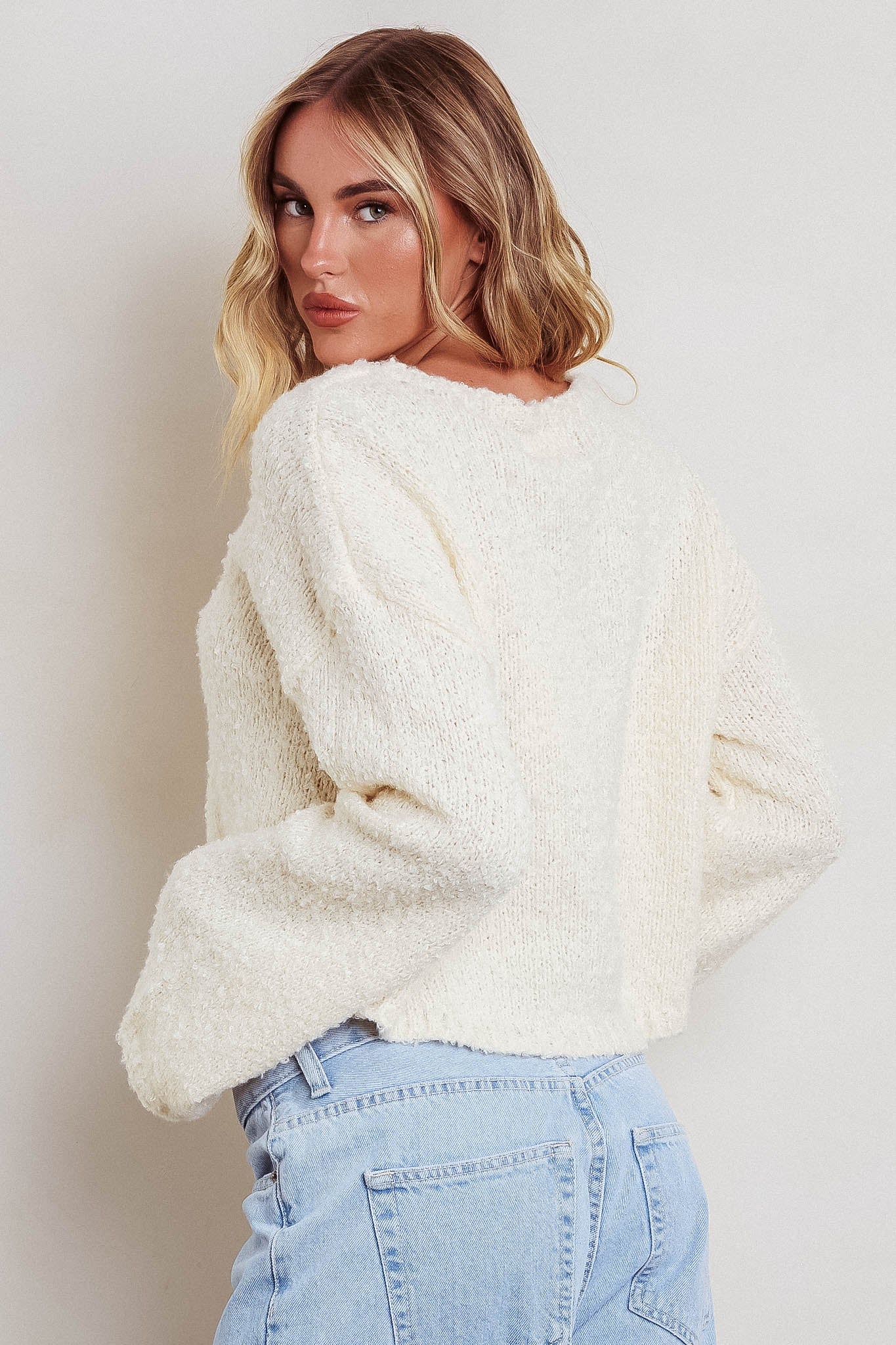 Strasbourg Flared Cuff Drop Shoulder Sweater Cream by Selfie Leslie Australia
