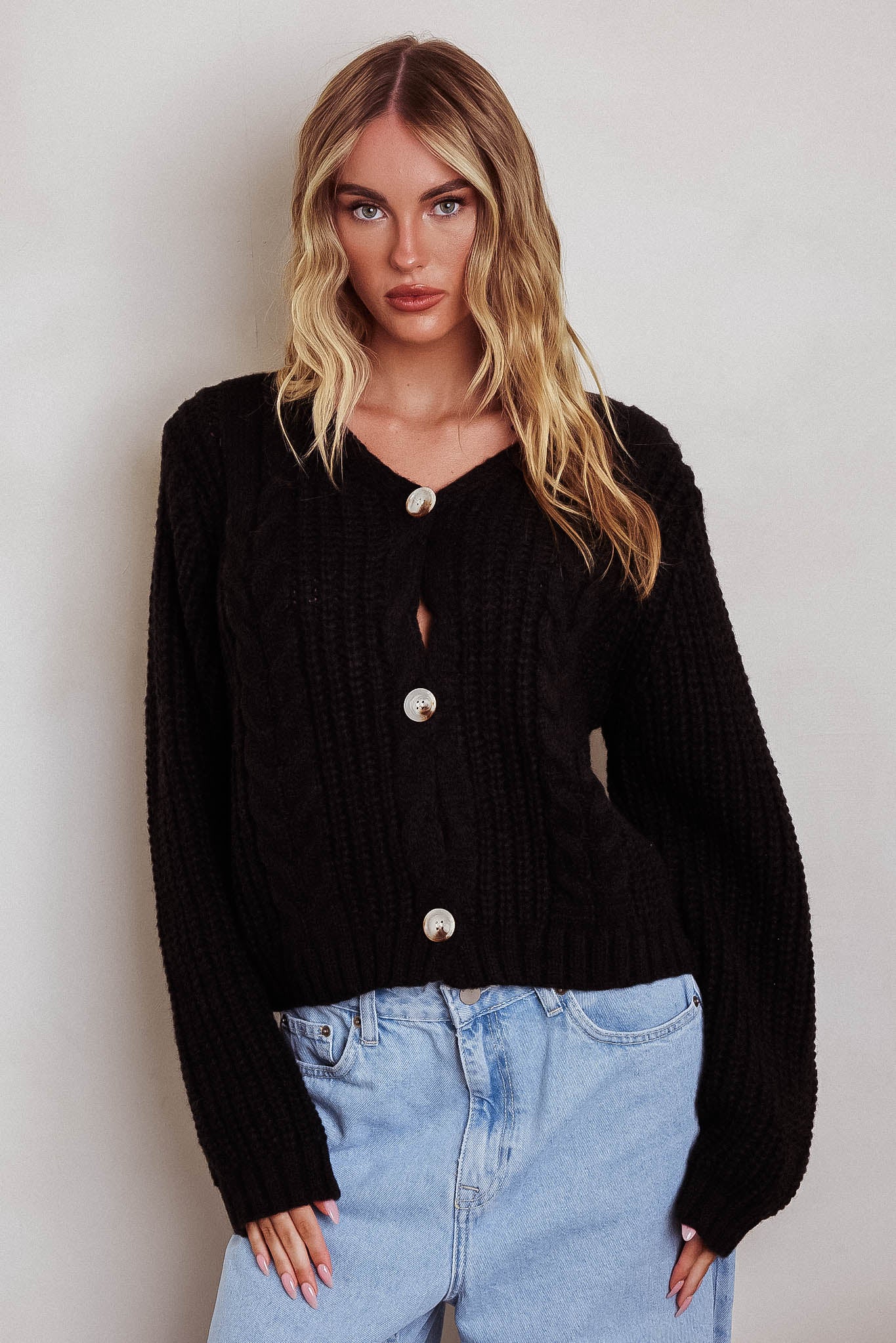 Shop the Prime Time Cable Knit Cardigan Black