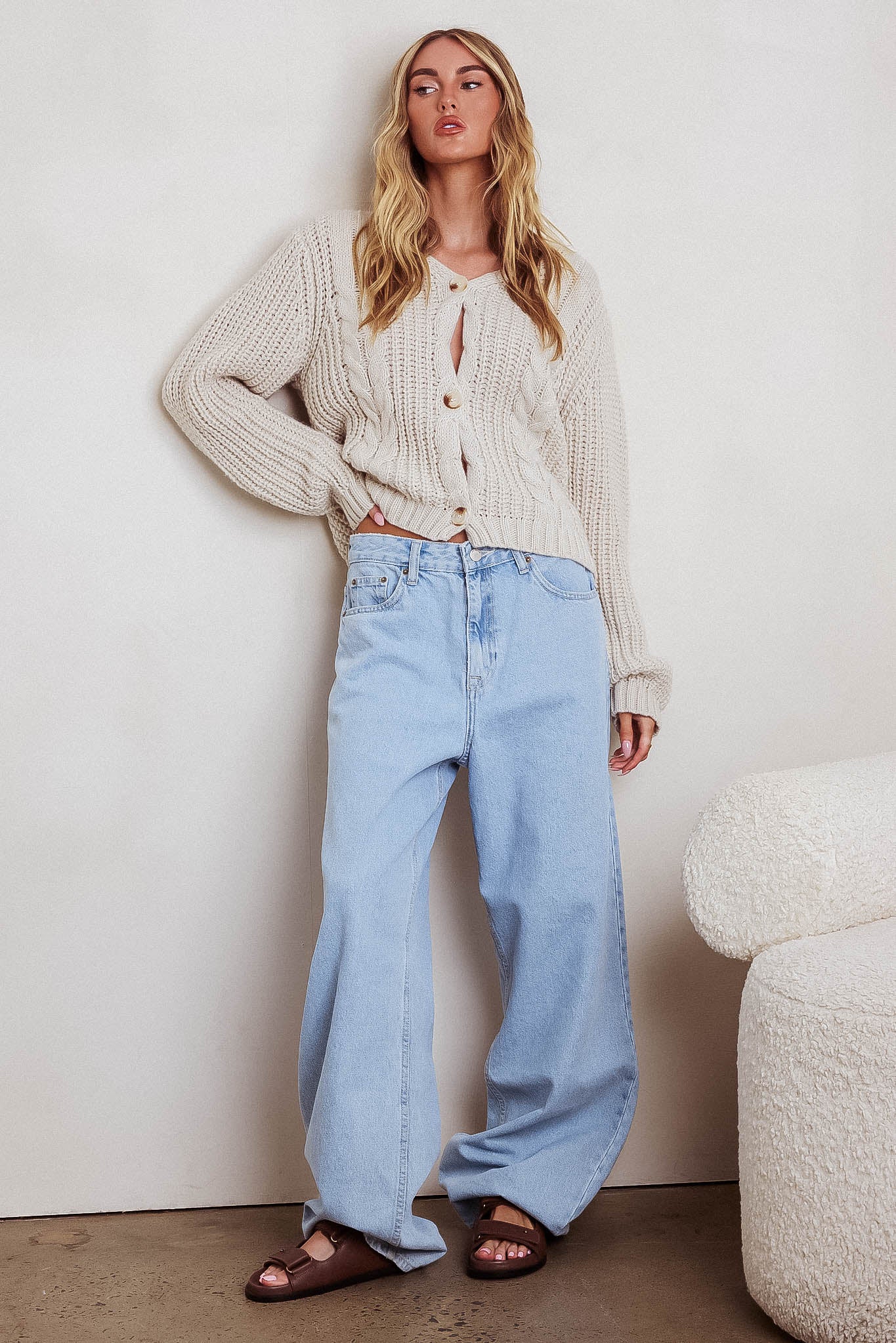 Prime Time Cable Knit Cardigan Oat by Selfie Leslie Australia