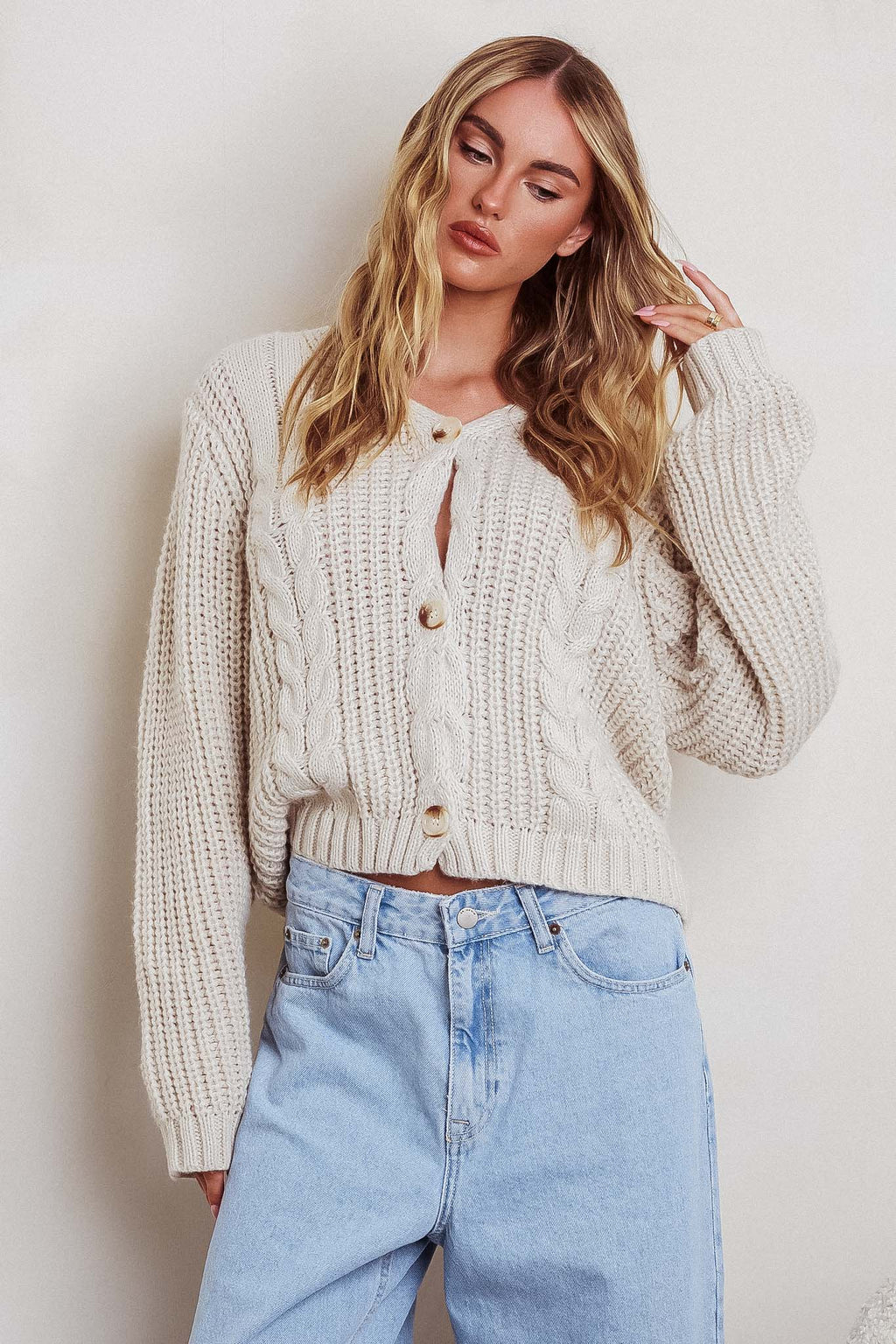 Prime Time Cable Knit Cardigan Oat by Selfie Leslie Australia
