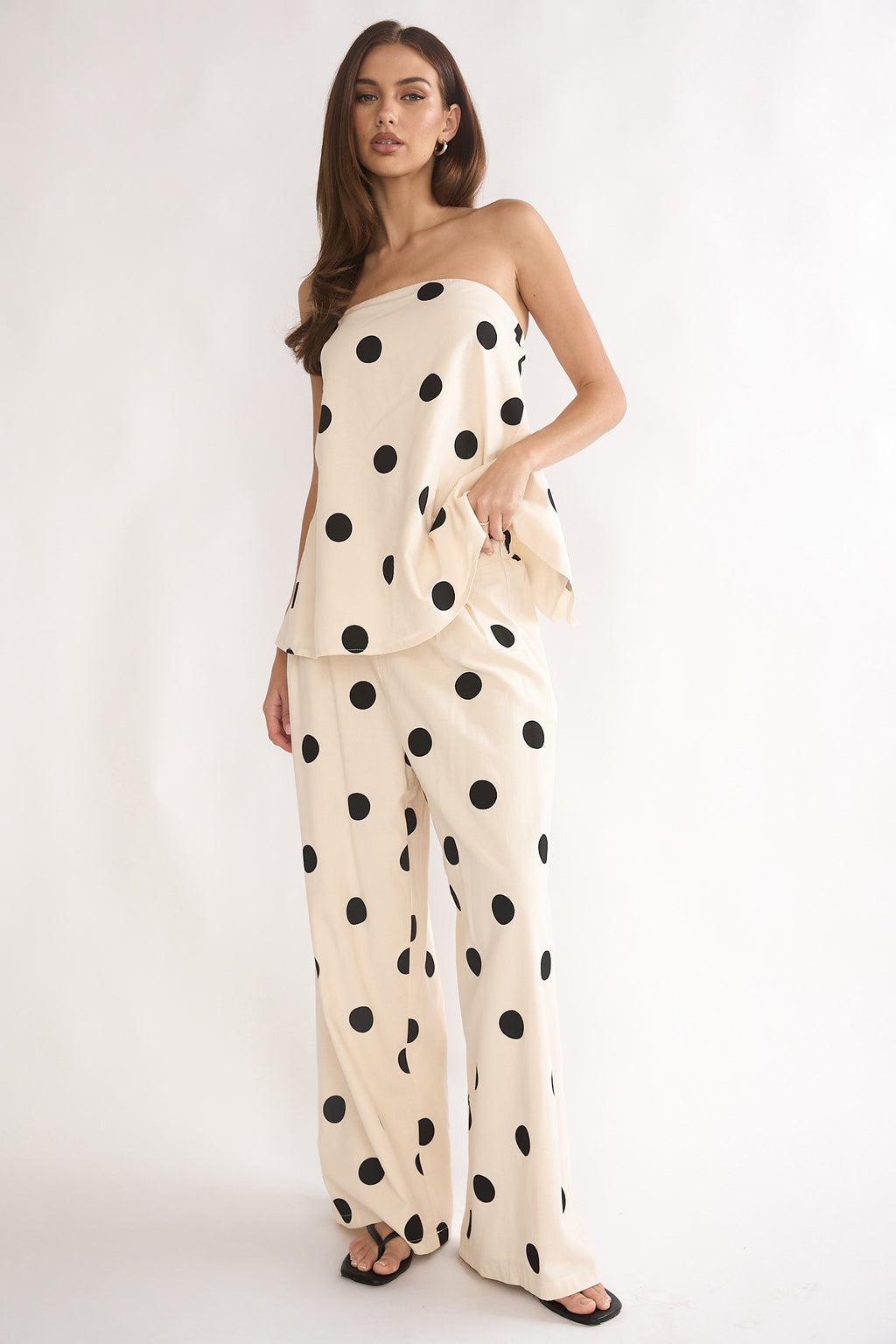 Loraya Wide Leg Pleat Pants Polka Dot Beige/Black by Selfie Leslie Australia