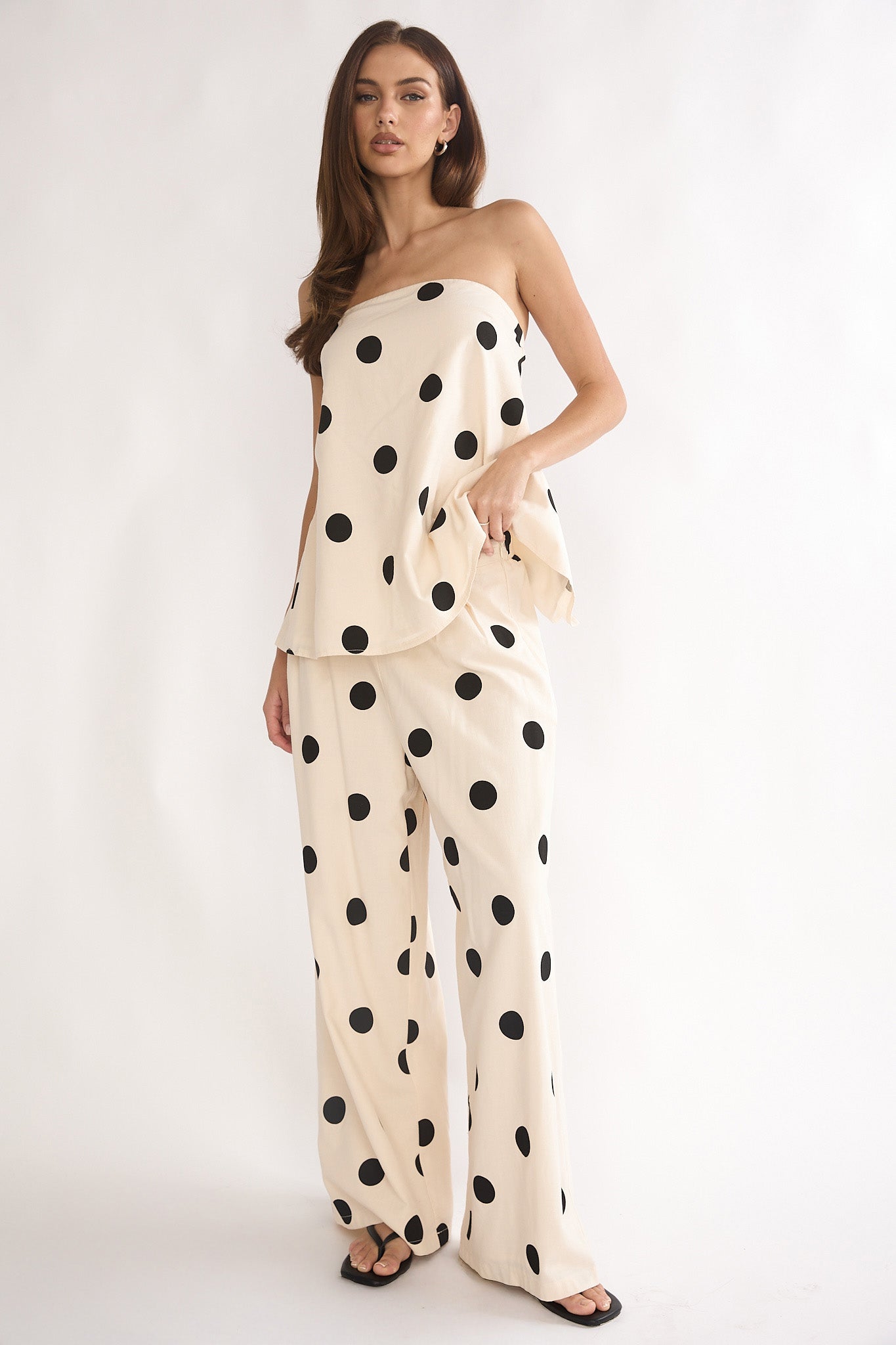 Loraya Wide Leg Pleat Pants Polka Dot Beige/Black by Selfie Leslie Australia