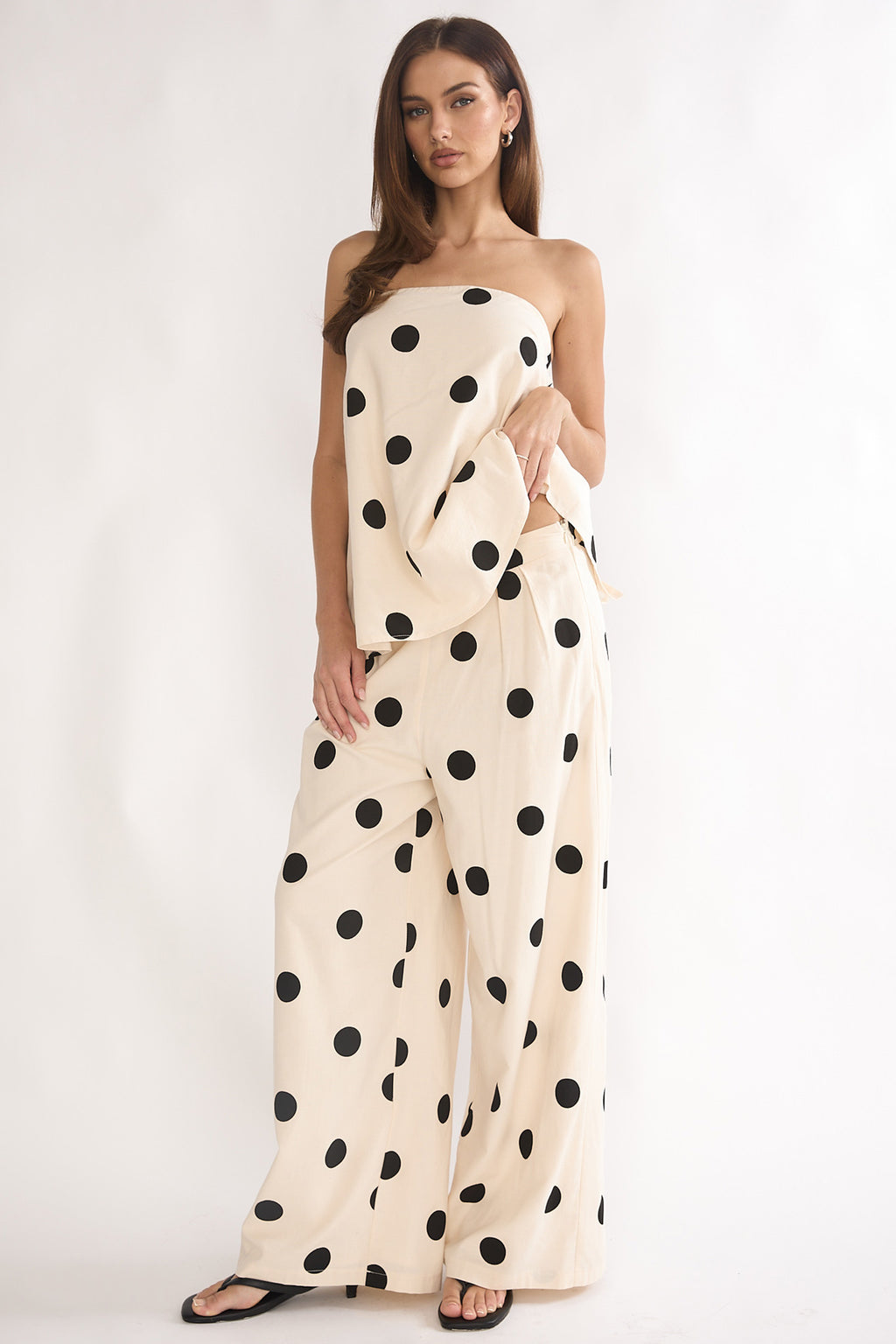 Loraya Wide Leg Pleat Pants Polka Dot Beige/Black by Selfie Leslie Australia