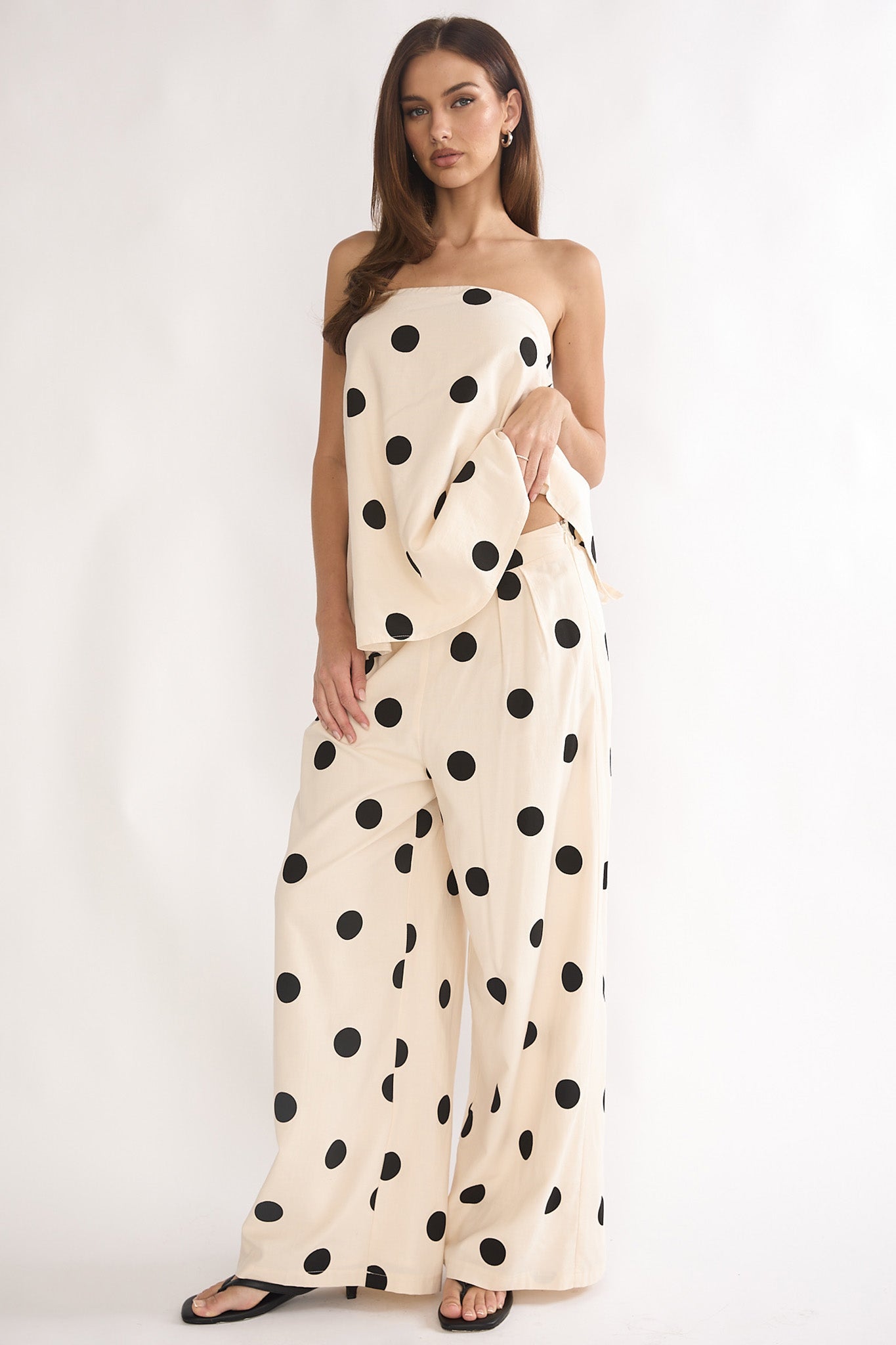 Loraya Wide Leg Pleat Pants Polka Dot Beige/Black by Selfie Leslie Australia