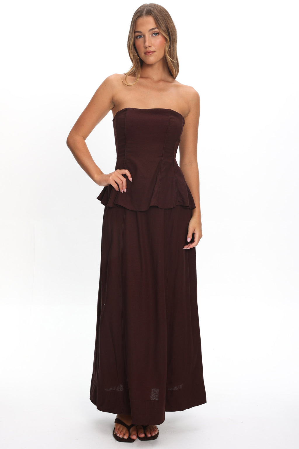 Synthia Peplum Waist Maxi Dress Chocolate by Selfie Leslie Australia