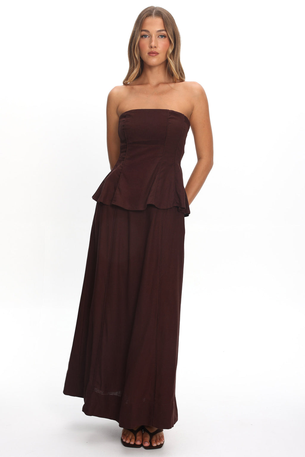 Synthia Peplum Waist Maxi Dress Chocolate by Selfie Leslie Australia