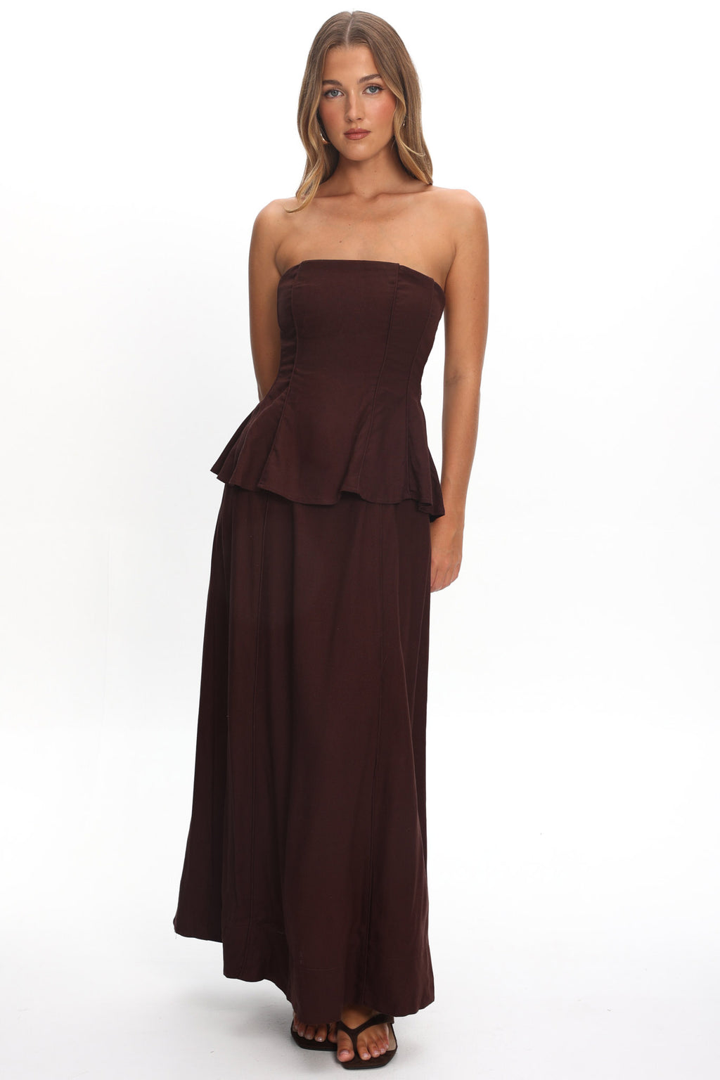 Synthia Peplum Waist Maxi Dress Chocolate by Selfie Leslie Australia