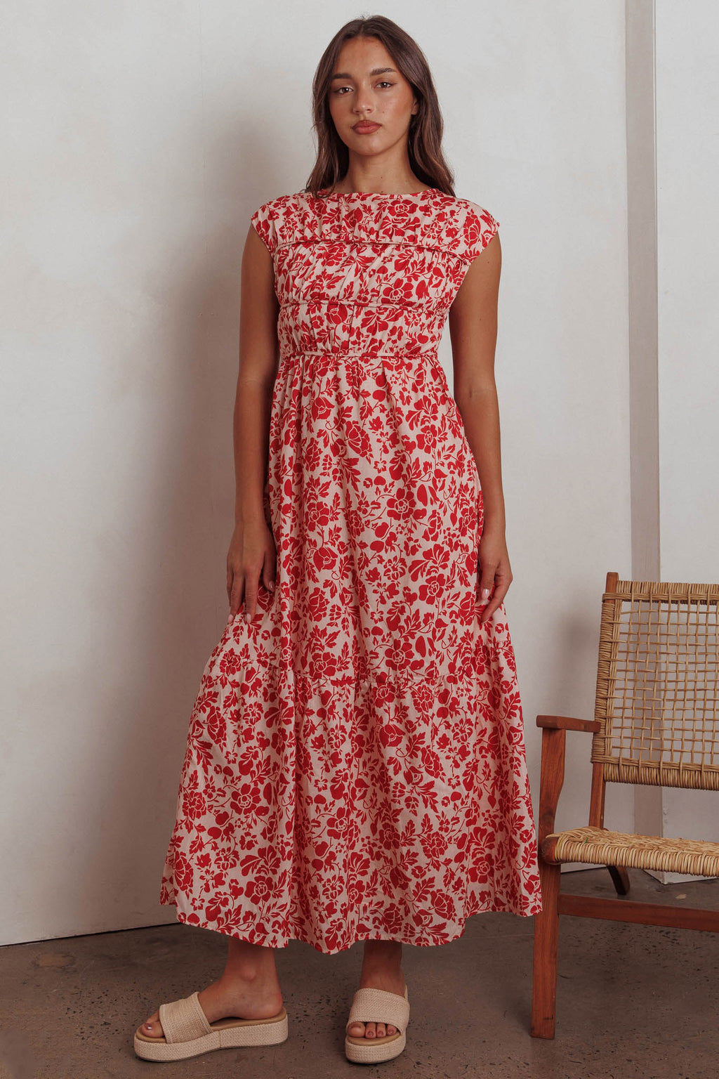 Called Out Gathered Bodice Maxi Dress Floral Red by Selfie Leslie Australia