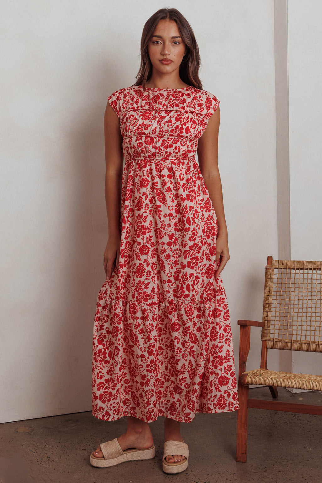 Called Out Gathered Bodice Maxi Dress Floral Red by Selfie Leslie Australia