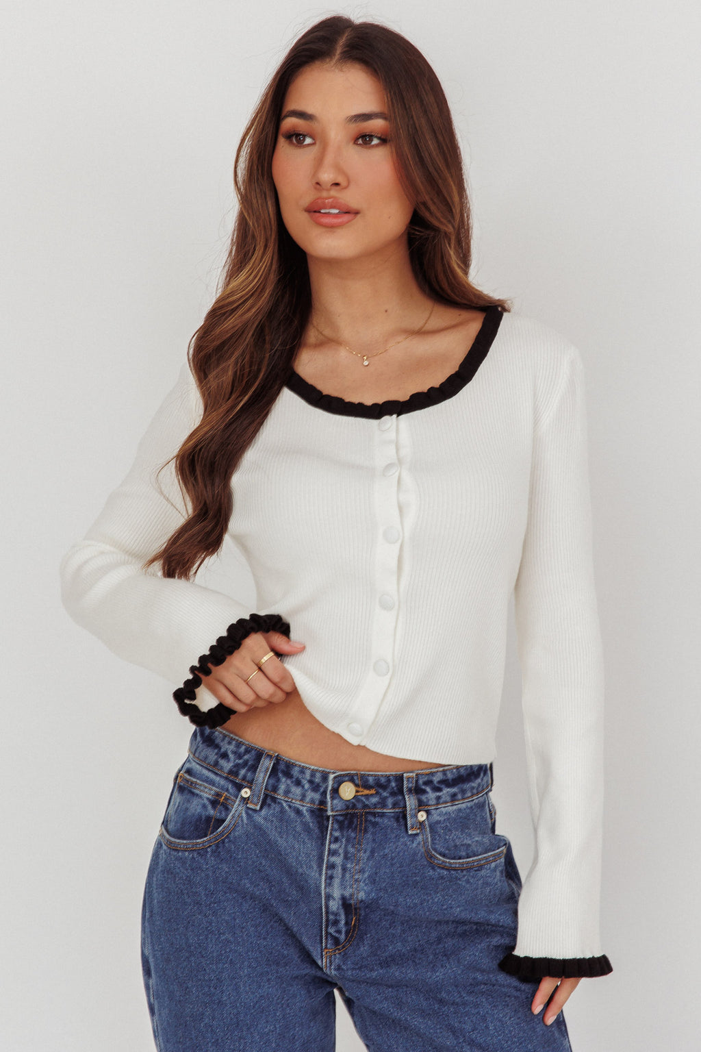 Oshan Ruffle Trim Cardigan Cream by Selfie Leslie Australia