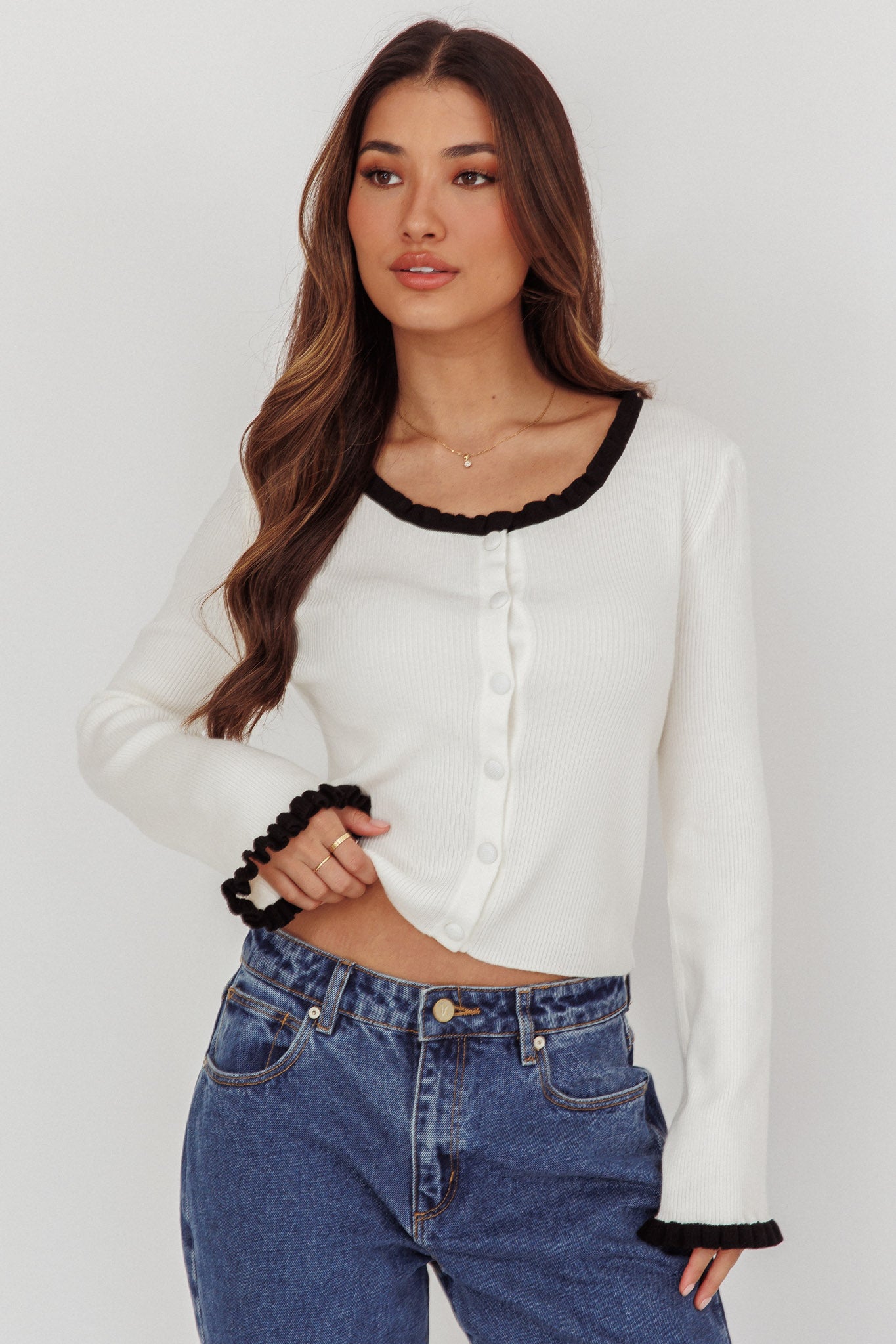 Oshan Ruffle Trim Cardigan Cream by Selfie Leslie Australia